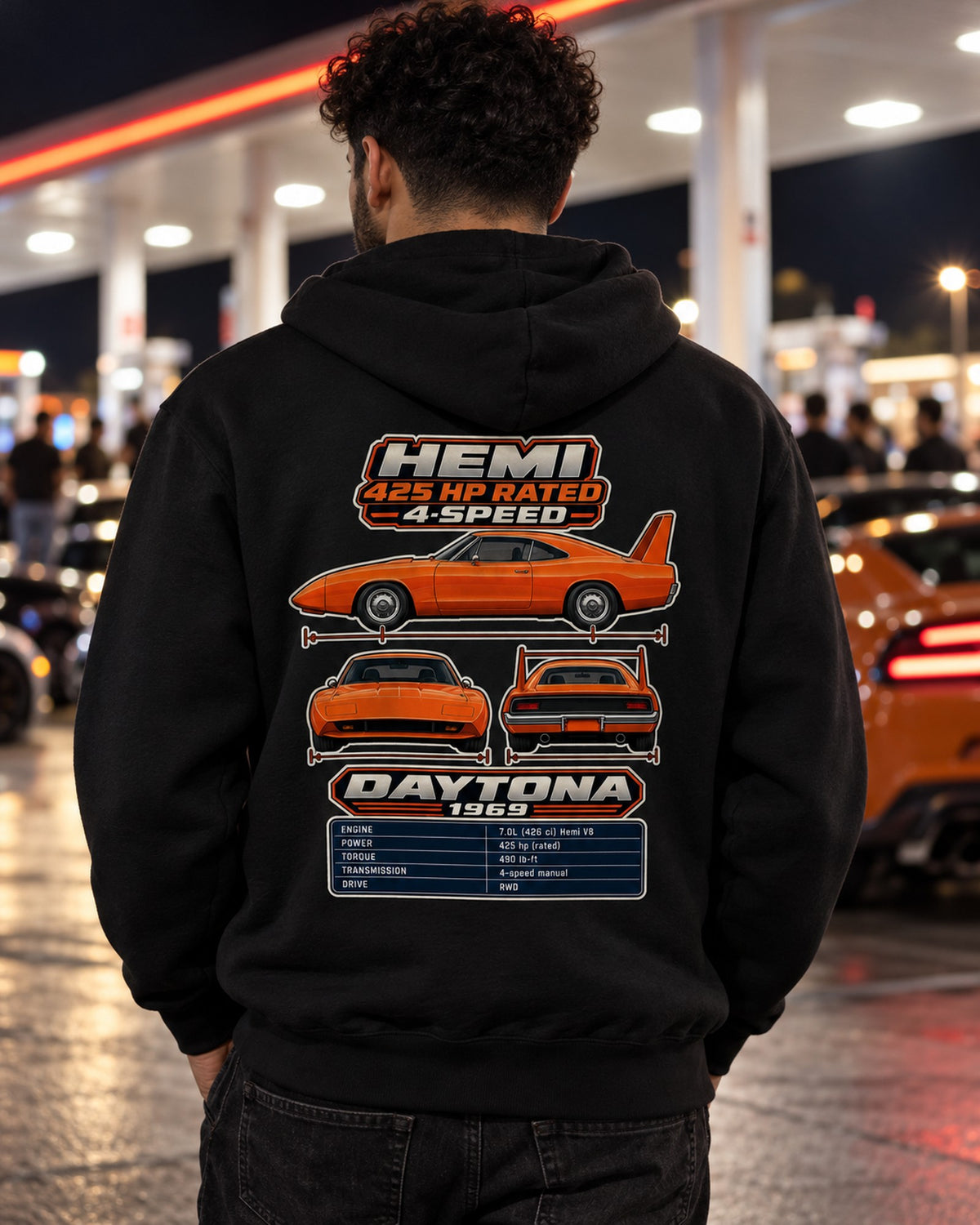 Dodge Charger Daytona Spec Sheet Full-Back Graphic Tee Pull Over Hoodie Black worn hero