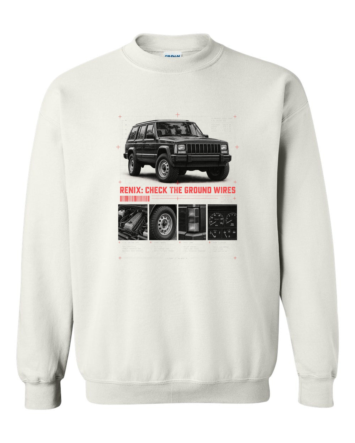 Dossier panel print for the Jeep Cherokee XJ Renix era, 1987-1990 4.0L white crewneck front view with the design
