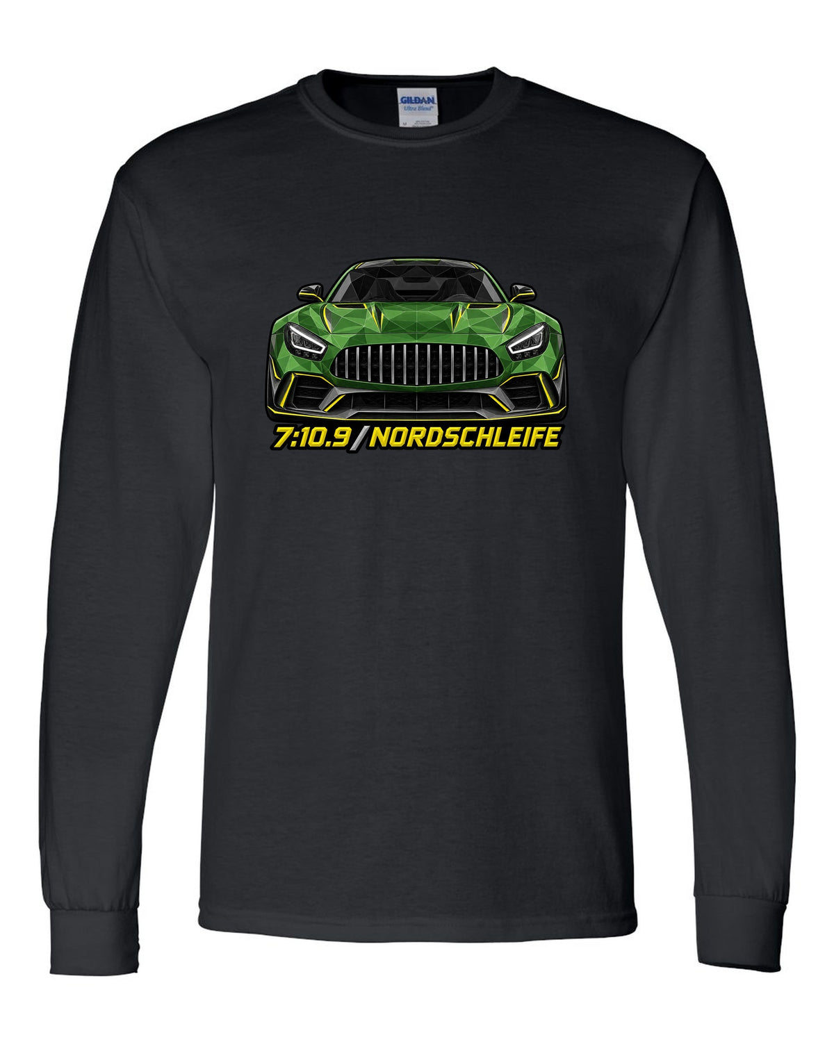 Low-poly wireframe illustration of a Mercedes AMG GT R C190 with 7:10.9 Nordschleife text black long sleeve front view with the design