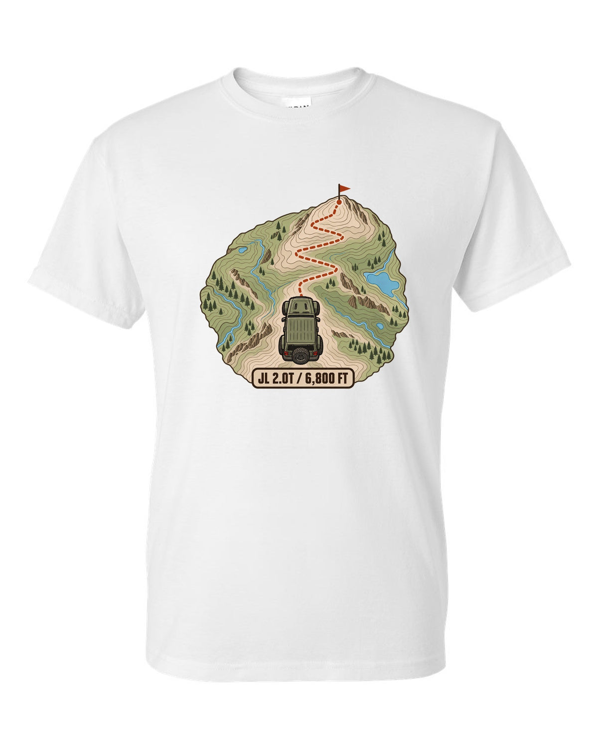 Jeep Wrangler JL 2.0T topographic contour map design with route line and 6,800 ft text white t-shirt front view with the design