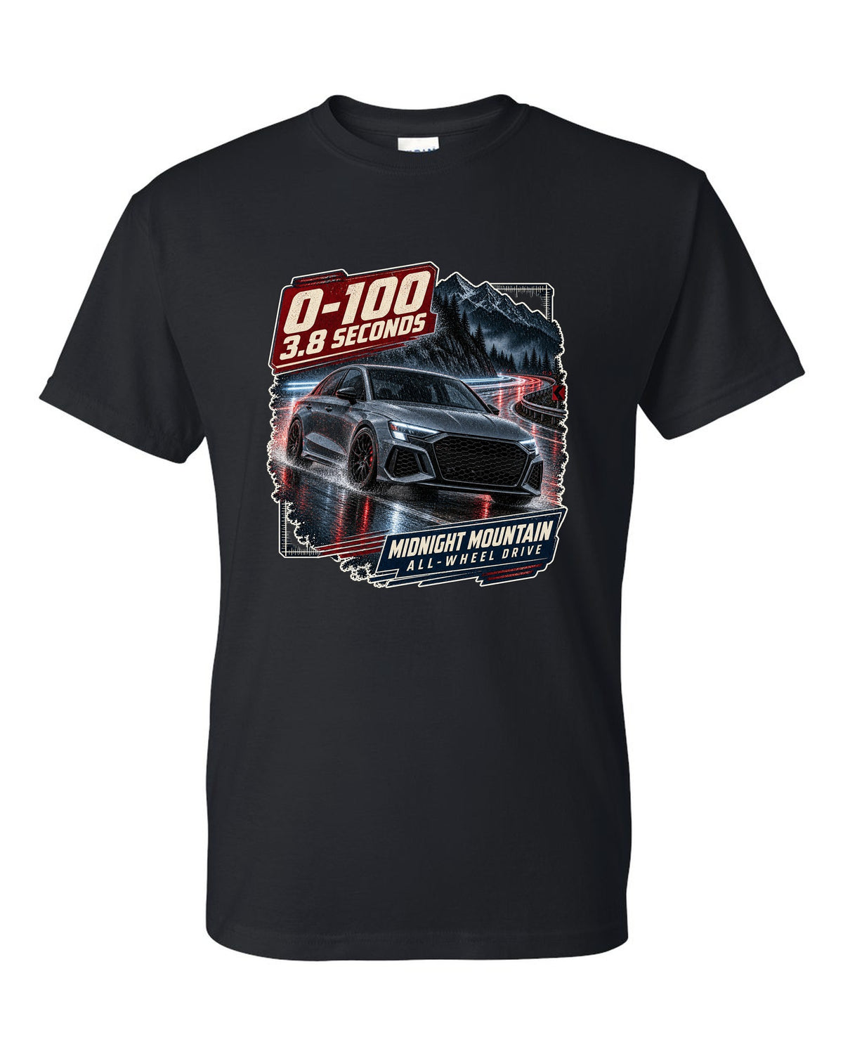 Audi RS3 8Y sedan on a night mountain road with 0-100 caption black t-shirt front view with the design