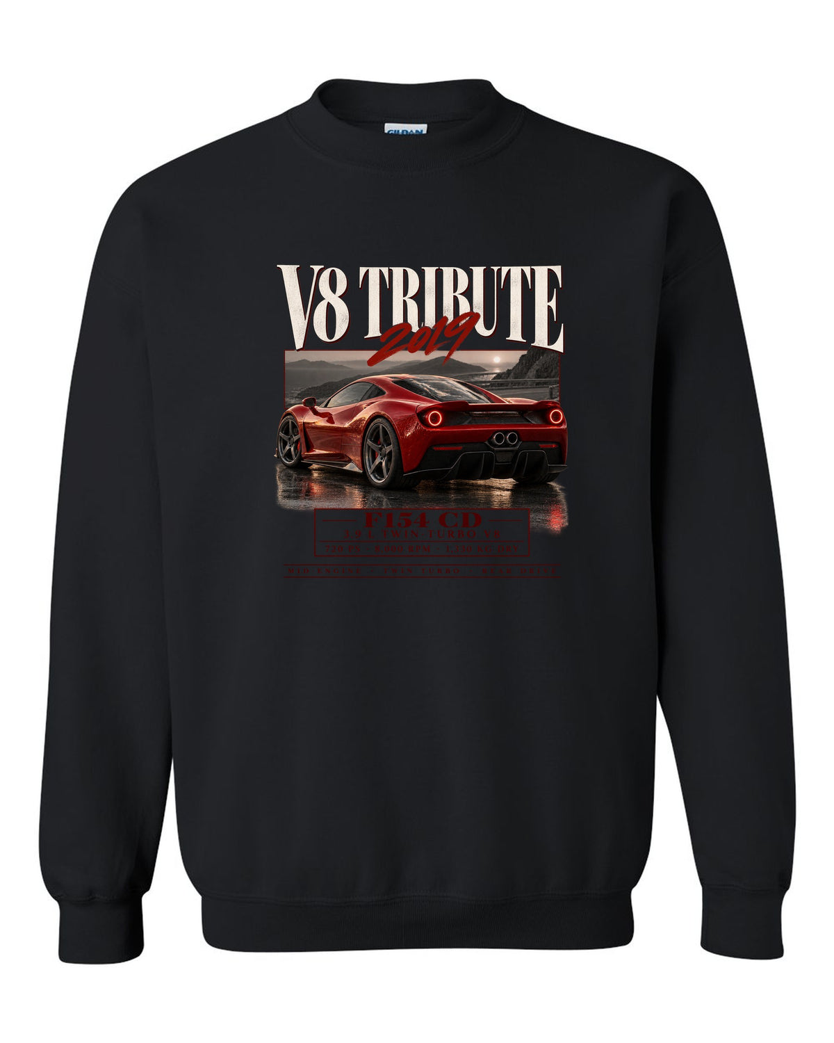Archive panel print of a Ferrari F8 Tributo listing 3.9 L twin-turbo V8, 720 PS and 1,330 kg dry black crewneck front view with the design