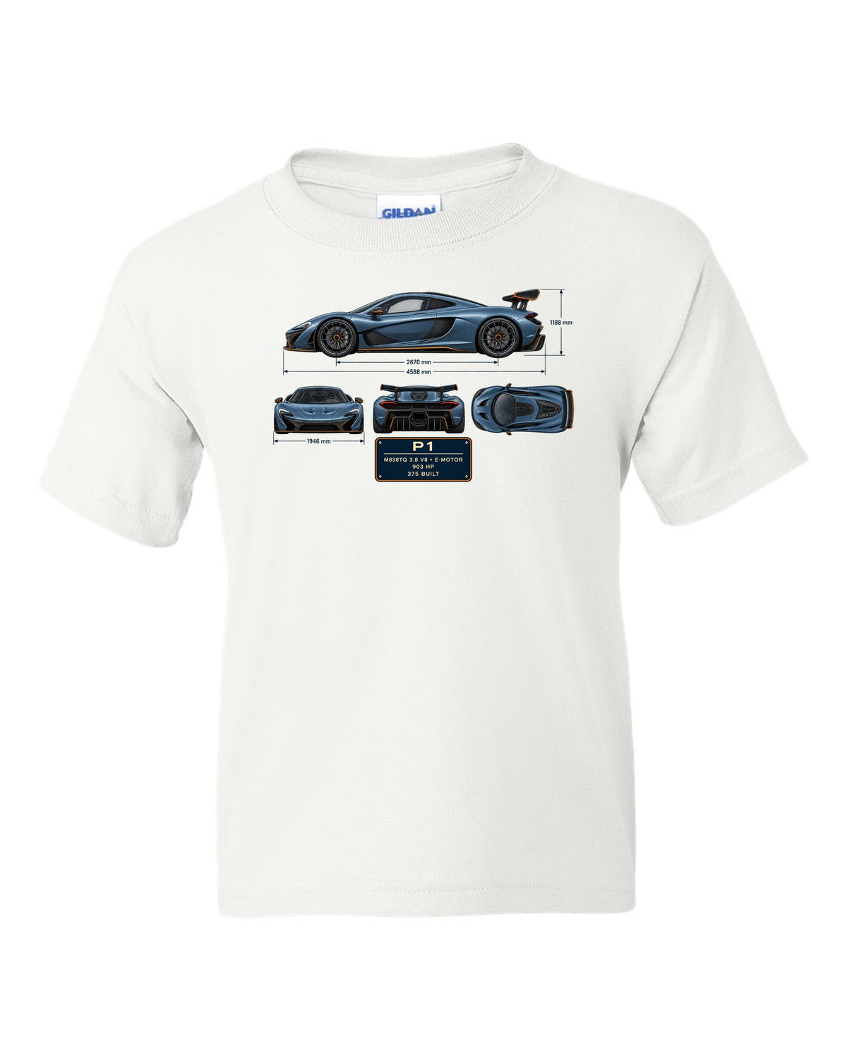 Steel blue dimension blueprint print of a McLaren P1, M838TQ V8 plus e-motor white kids tee front view with the design