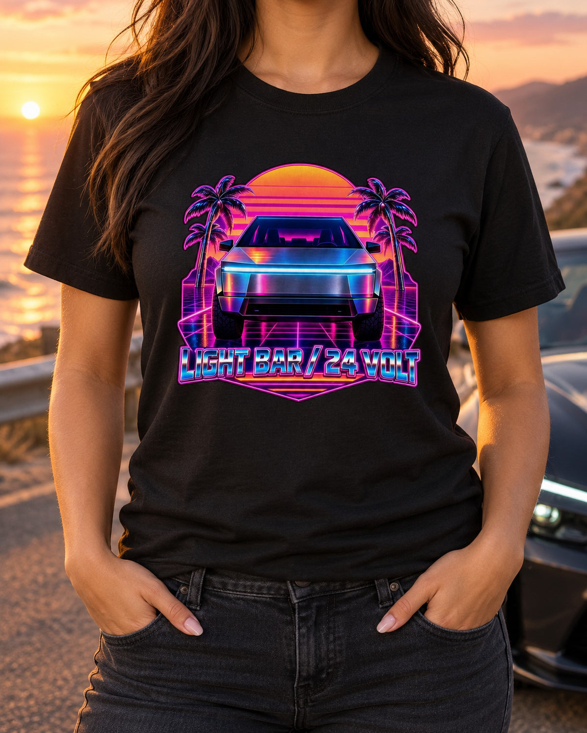 Tesla Cybertruck Neon Synthwave Light Bar Shirt, EV Fan Gift T-Shirt Black worn hero