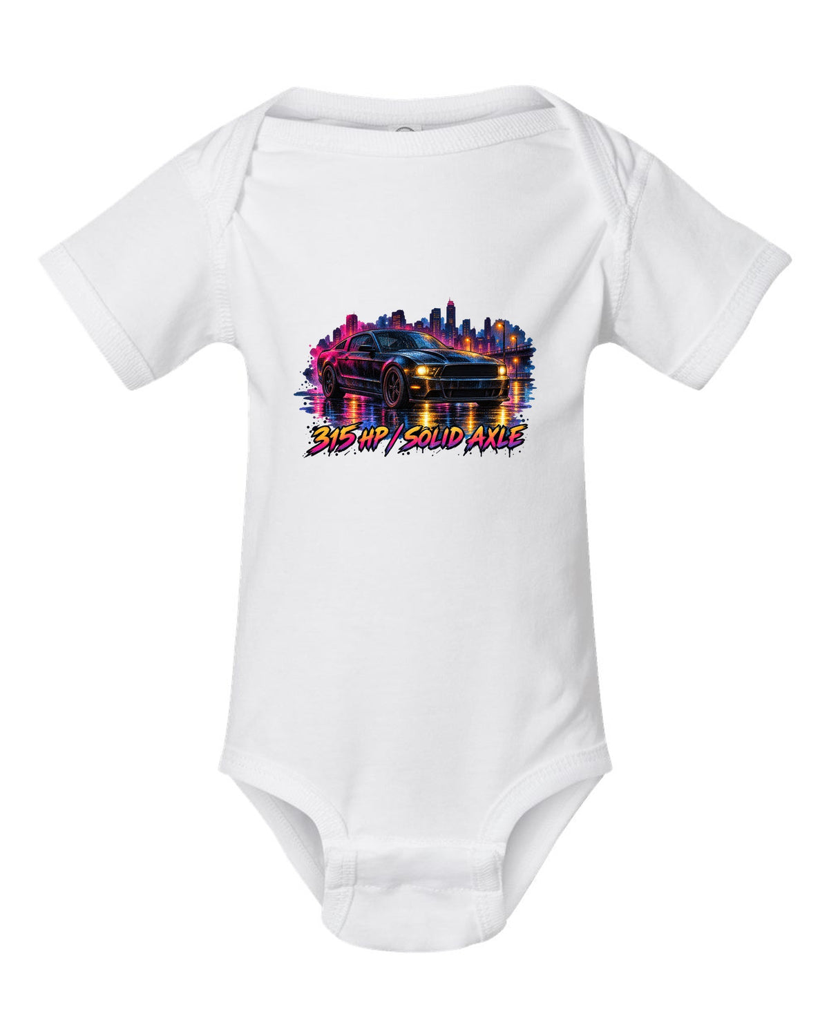 Watercolour wet road night scene with a 2005-2014 S197 Ford Mustang fastback white baby onesie front view with the design