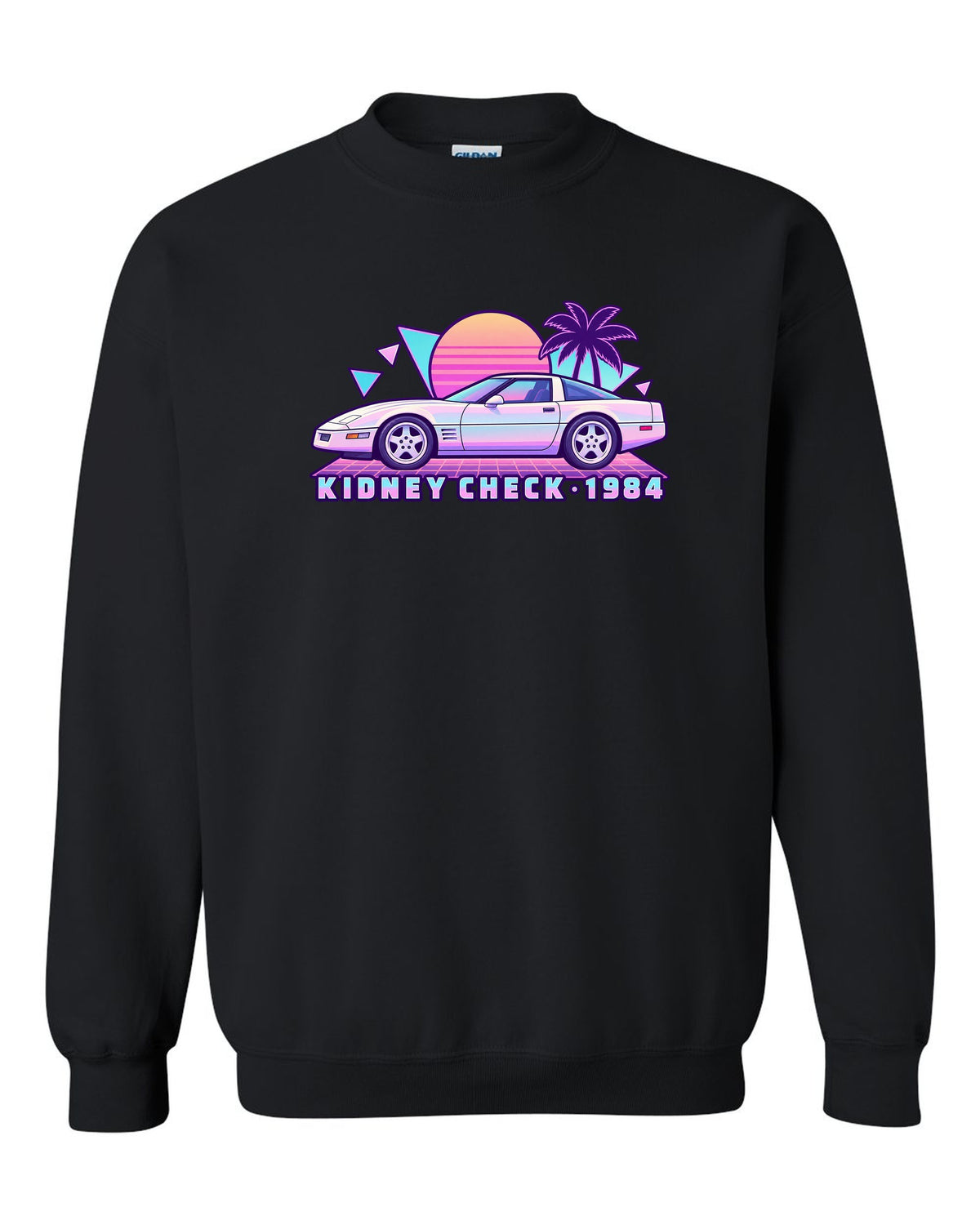 Pastel vaporwave print of a 1984 Chevrolet Corvette C4 coupe with Kidney Check text black crewneck front view with the design