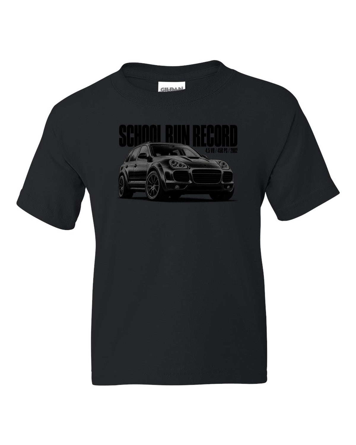 Halftone print of a Porsche Cayenne Turbo 955 with School Run Record caption black kids tee front view with the design