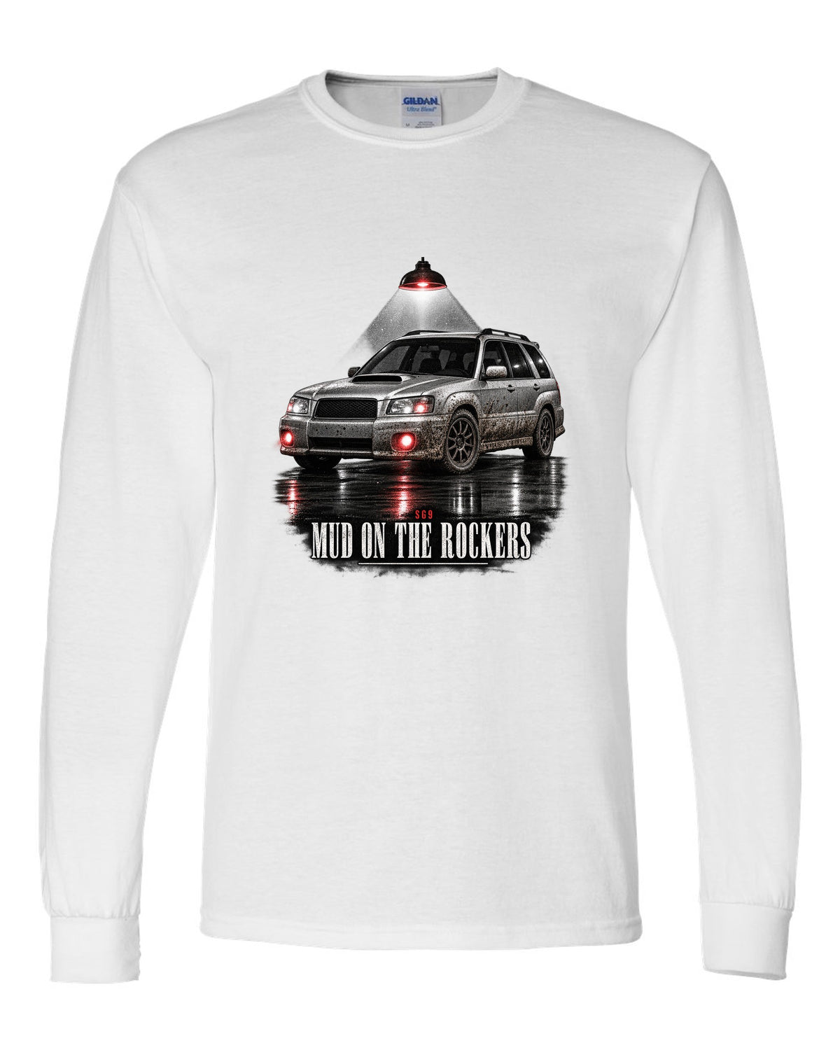 Garage night print for the Subaru Forester SG9 reading Mud on the Rockers white long sleeve front view with the design