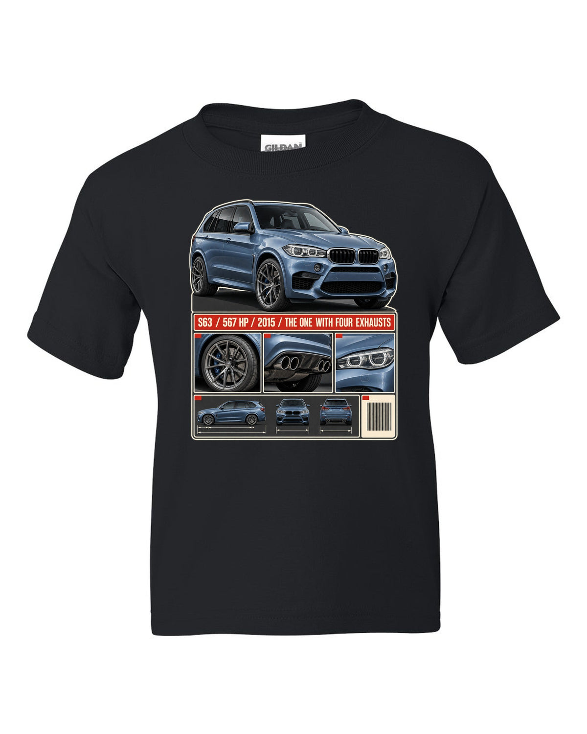 BMW X5 M F85 dossier panels print on a tee black kids tee front view with the design