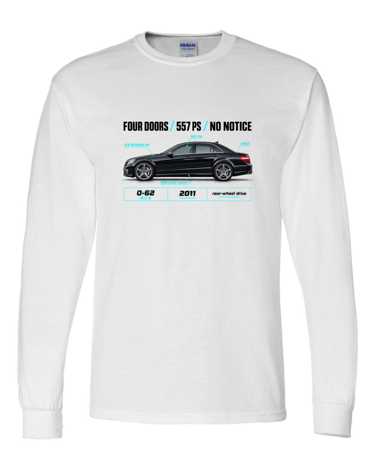 print spec poster of a 2011 Mercedes E63 AMG W212 sedan with text Four Doors 557 PS No Notice white long sleeve front view with the design