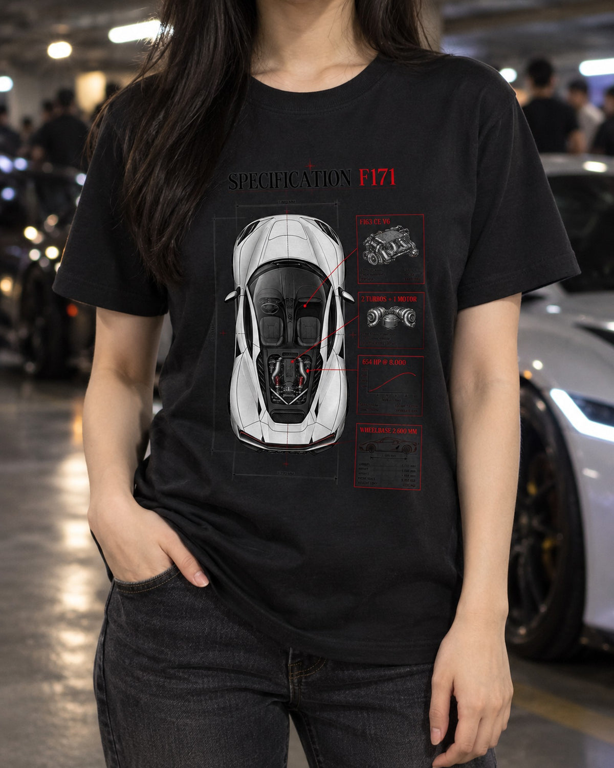 Ferrari 296 GTB F171 Top-Down Spec Poster Shirt T-Shirt Black worn hero