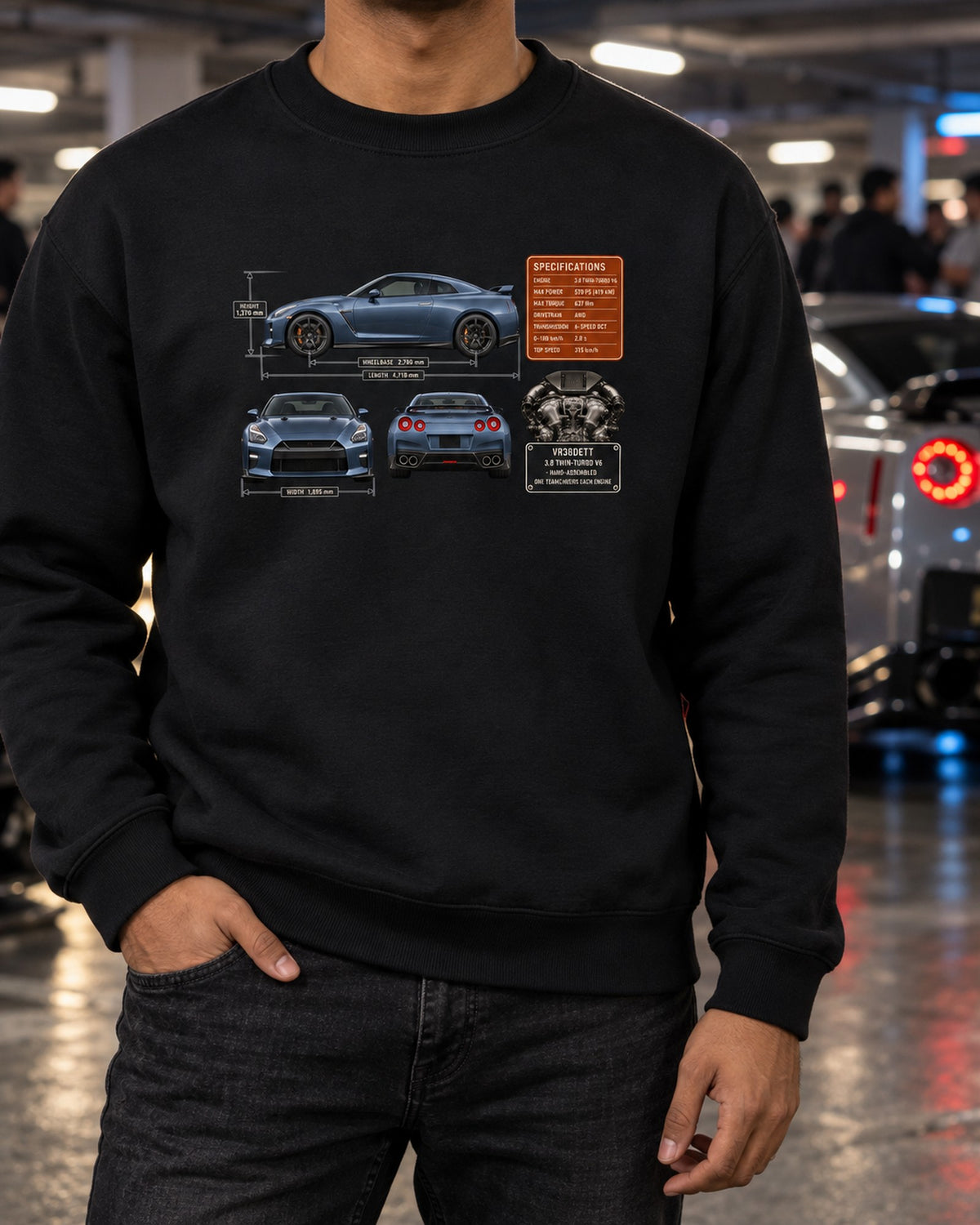 Nissan GT-R R35 Dimension Blueprint Tee, VR38DETT Car Shirt Crewneck Black worn hero