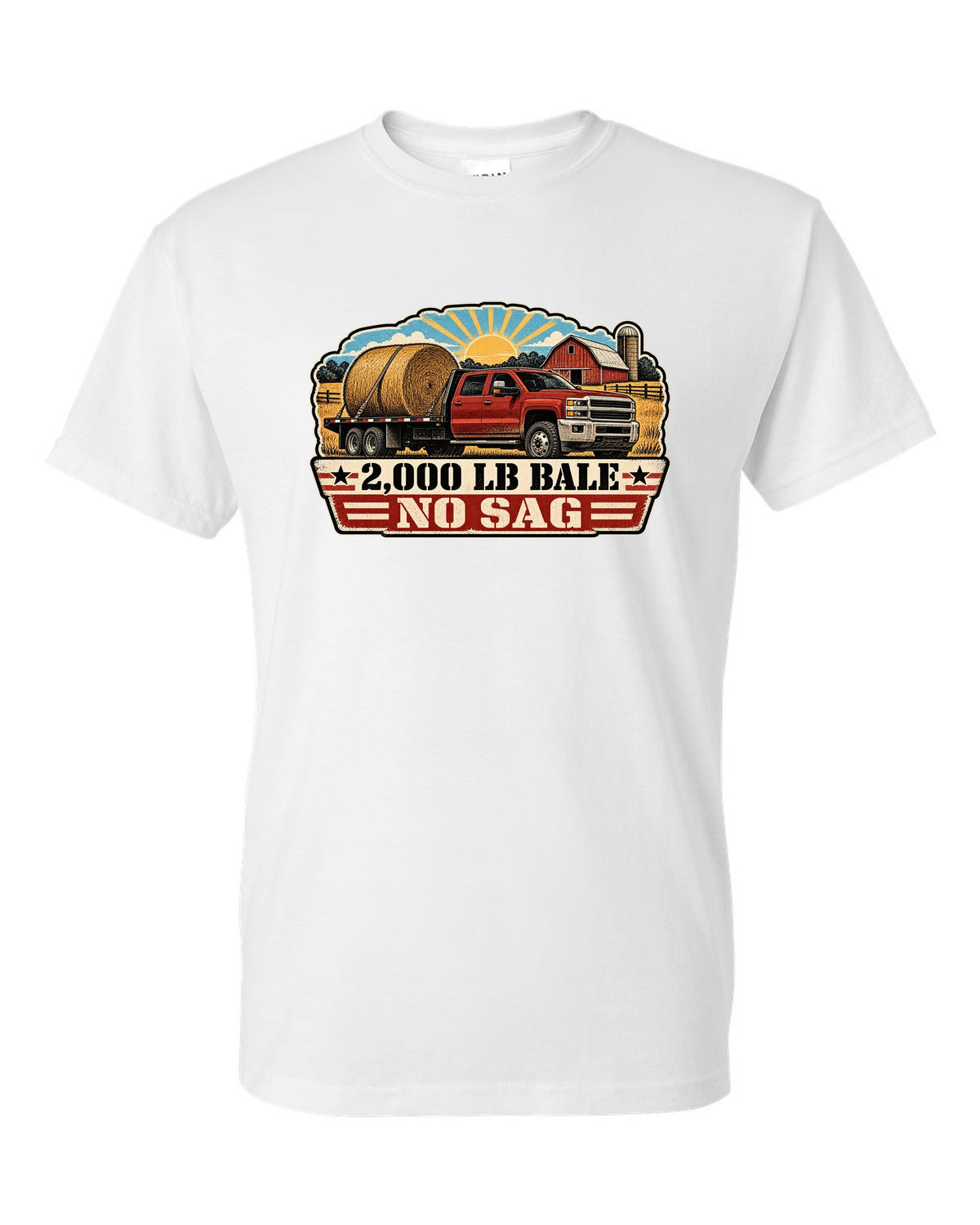 Distressed screen-print print of a 2010-2018 Ram 3500 6.7 Cummins hauling a round bale white t-shirt front view with the design