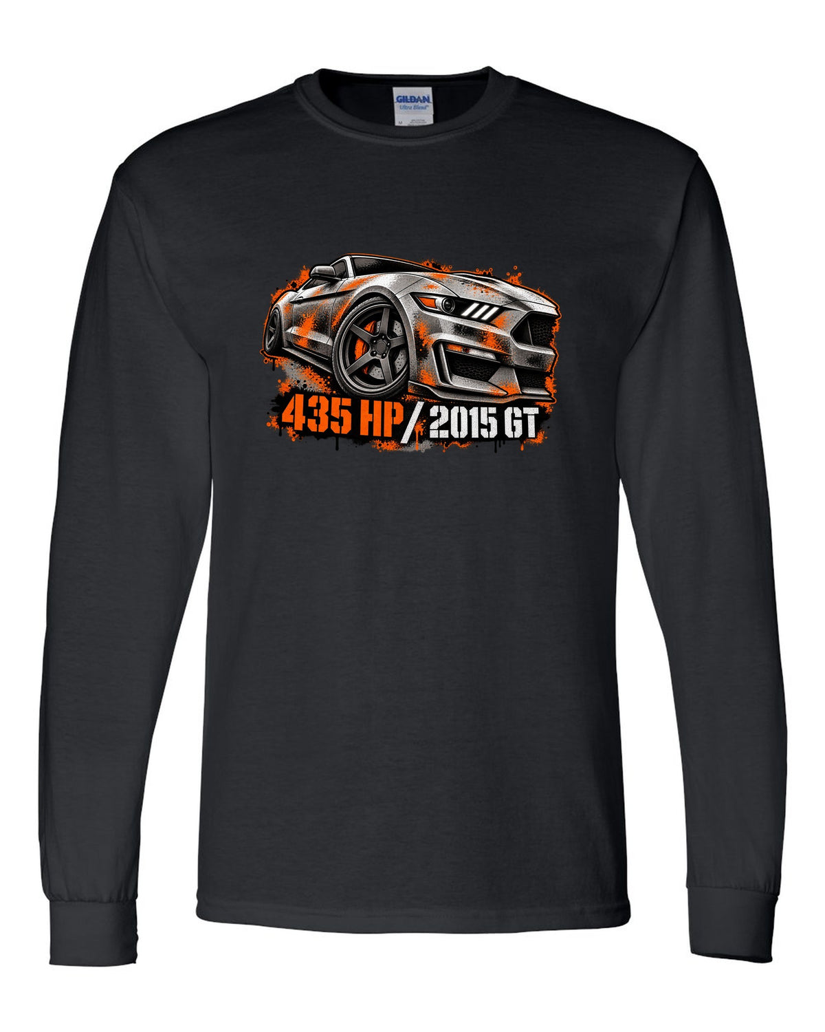 Stencil spray street art 2015 S550 Ford Mustang GT fastback with 435 HP text black long sleeve front view with the design