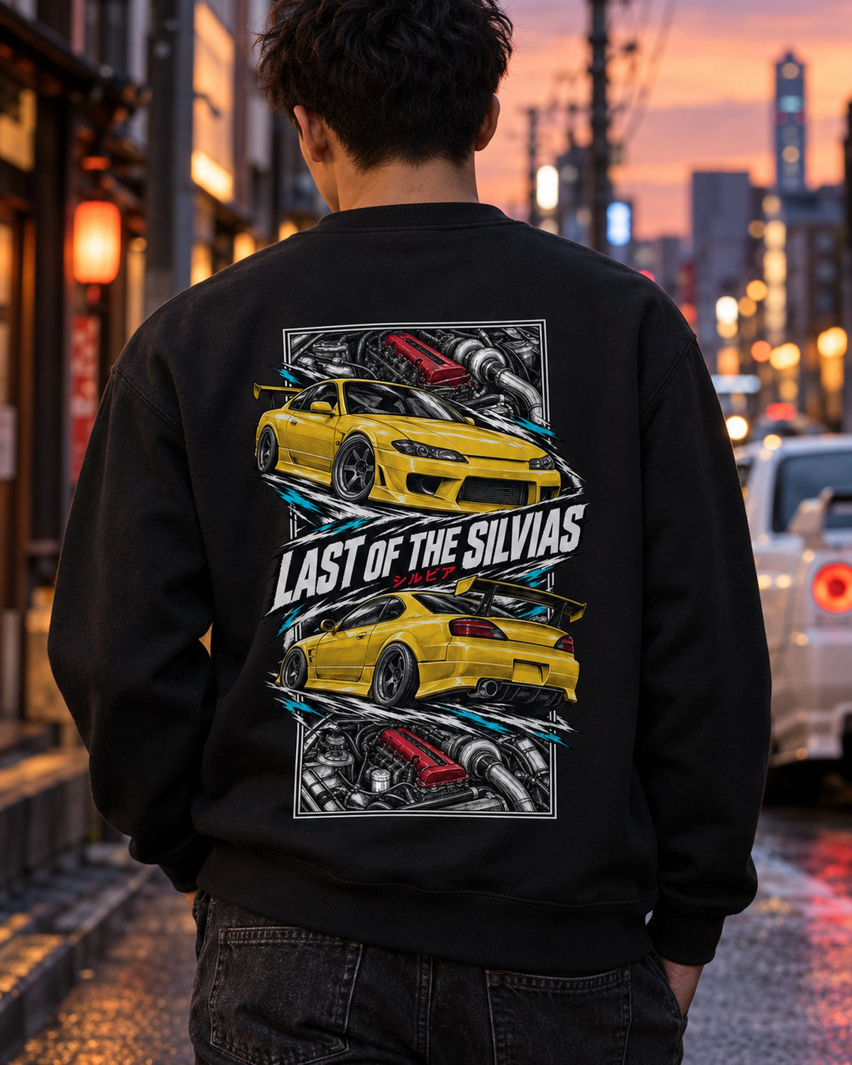 Nissan Silvia S15 Torn Poster Full-Back Graphic Tee Crewneck Black worn hero