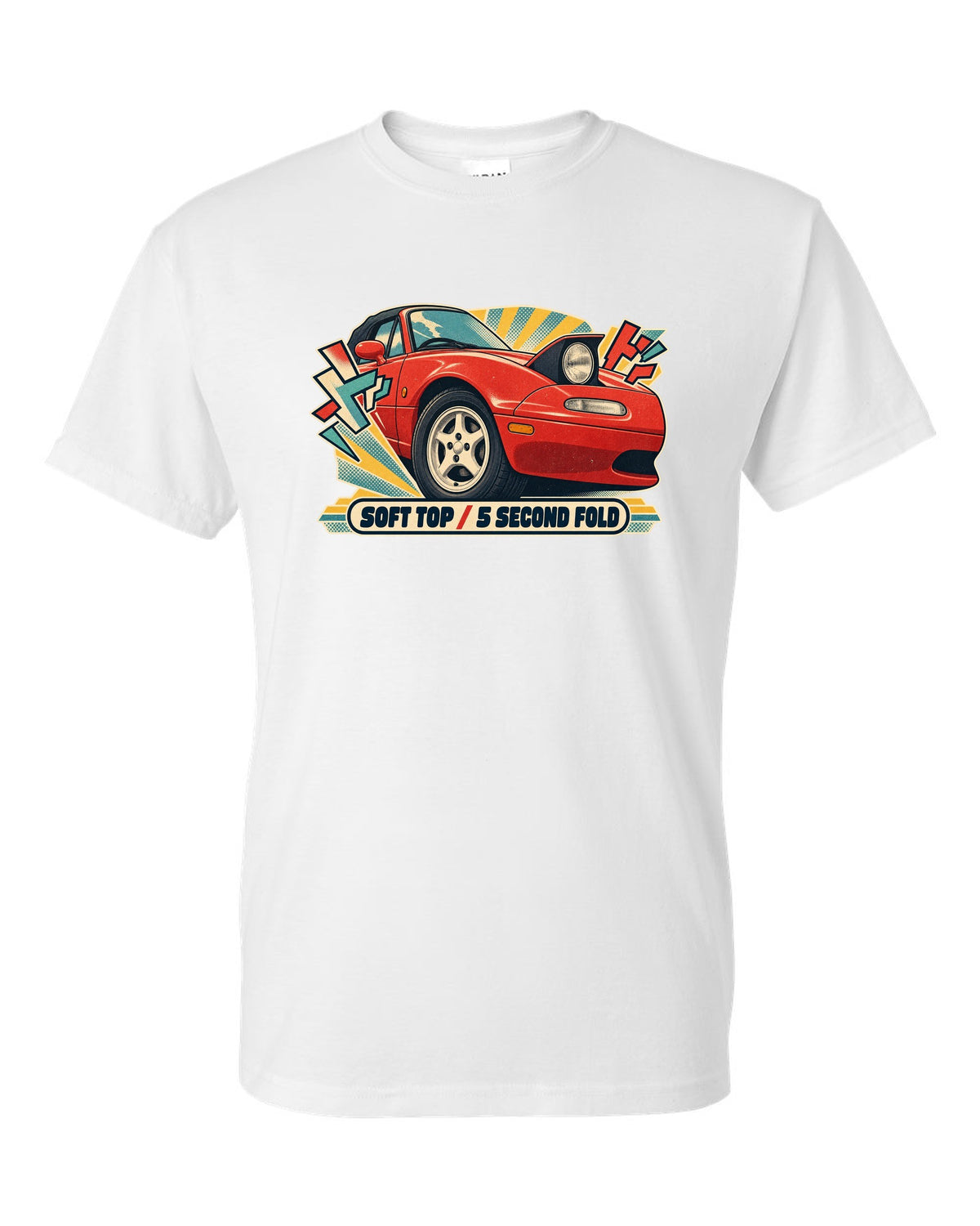 HUD style gauge cluster of a Mazda MX-5 NB with 7K redline text white t-shirt front view with the design