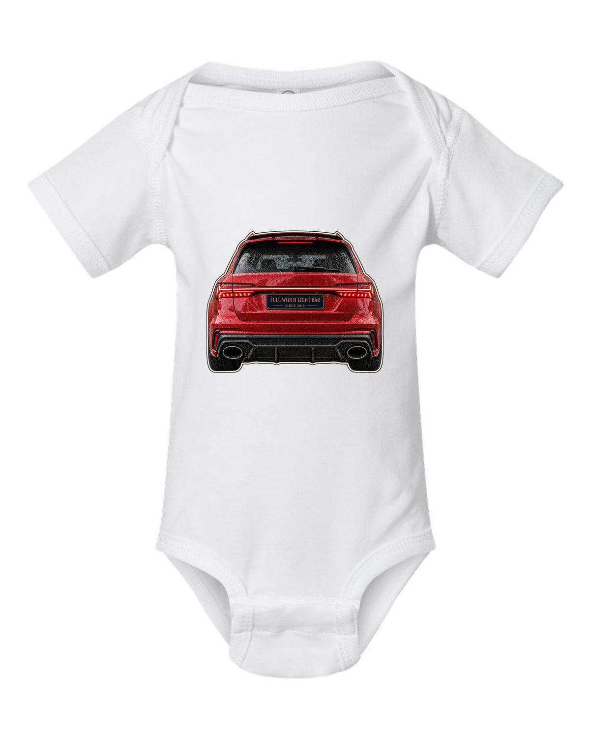 Close-up print of the full-width taillight bar on an Audi RS6 Avant C8 white baby onesie front view with the design
