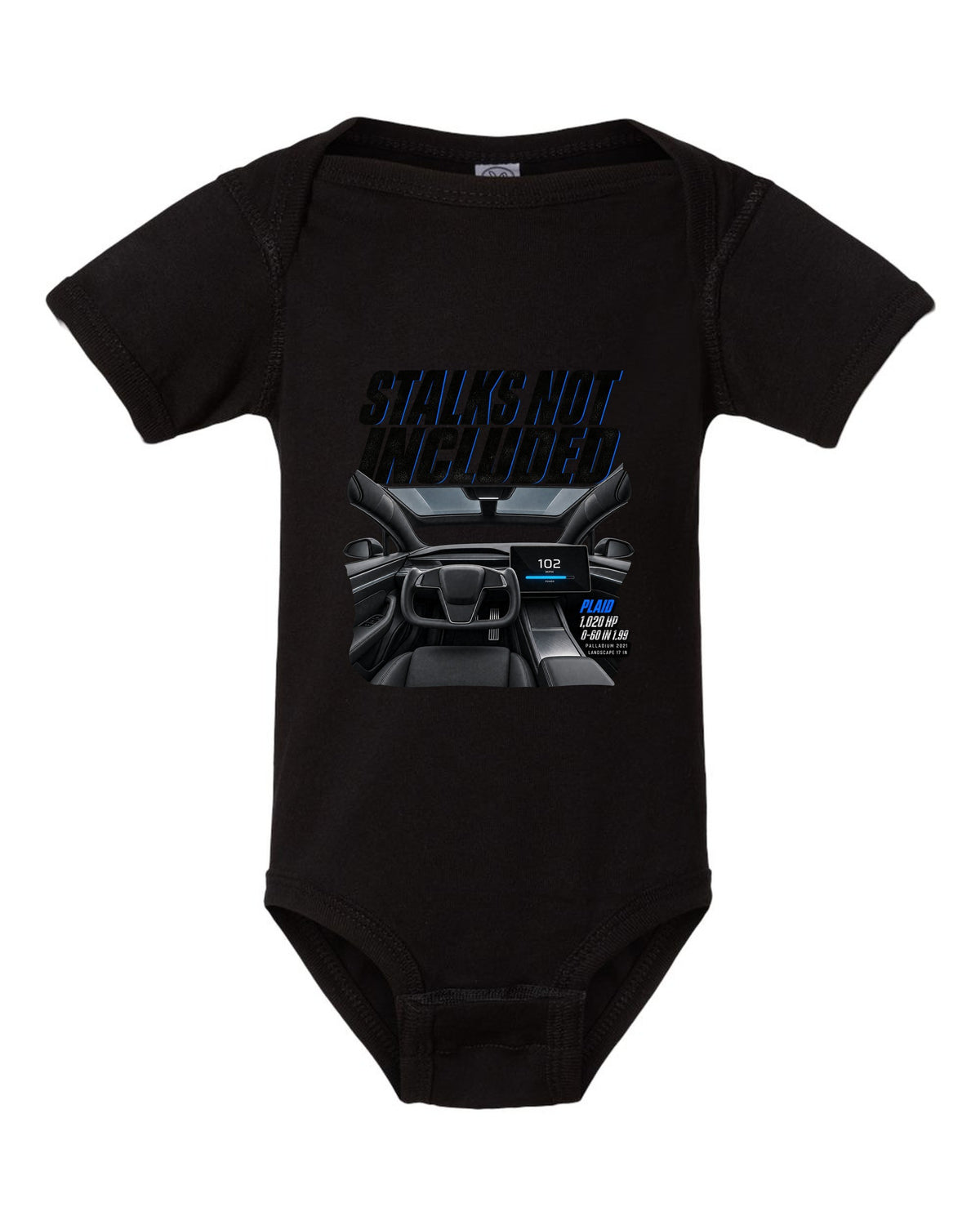 Cockpit print of a 2021 Tesla Model S Plaid Palladium with yoke and landscape screen black baby onesie front view with the design