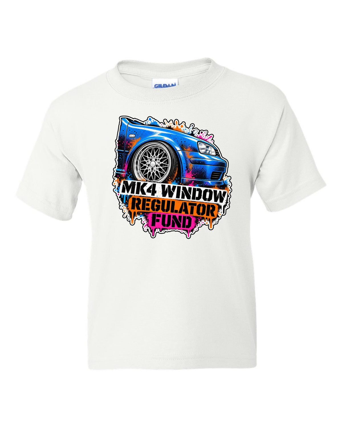 Stencil spray print of a VW Golf Mk4 with mesh wheels and window regulator fund text white kids tee front view with the design