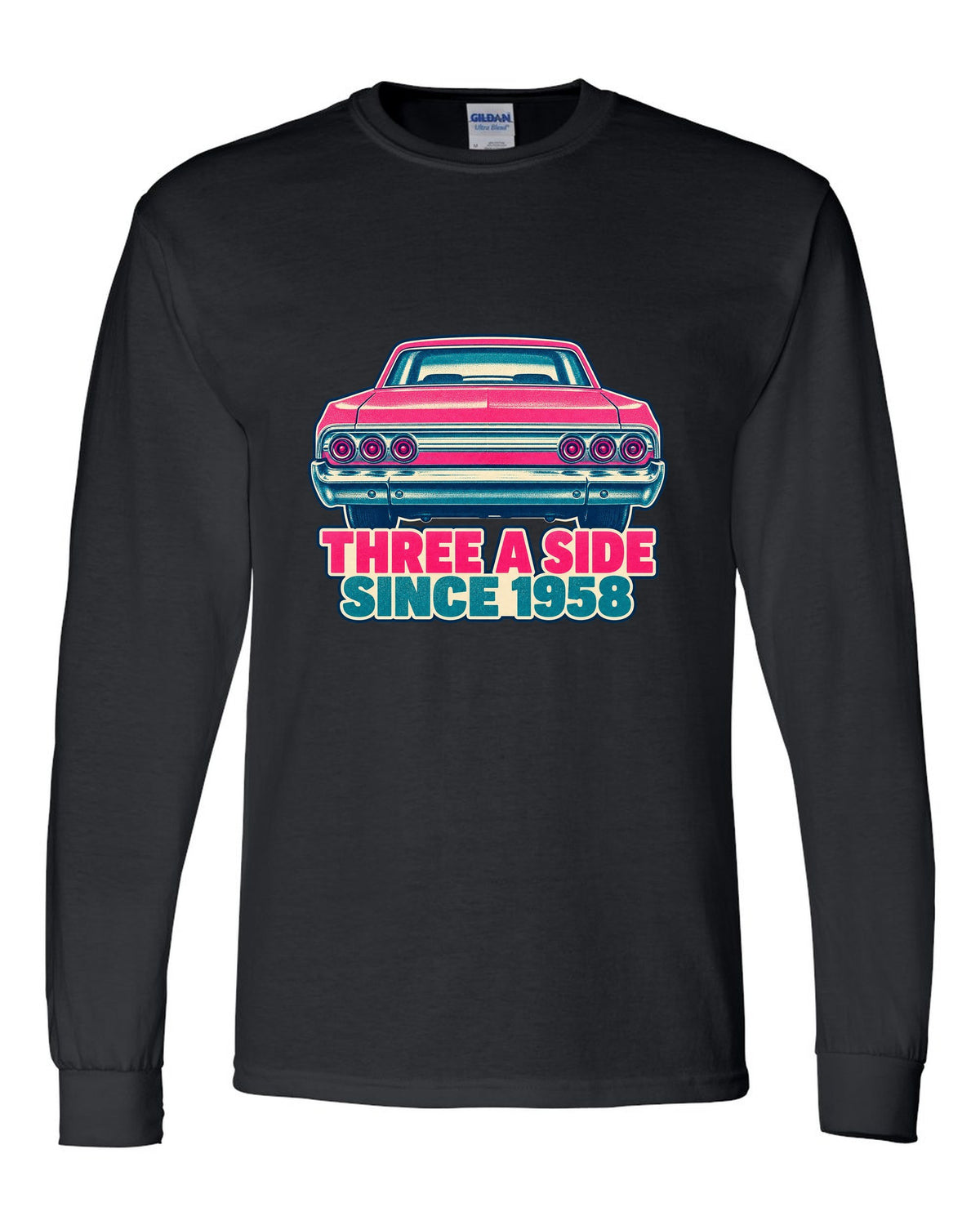 Two-colour risograph print of a 1964 Chevrolet Impala with its triple taillights black long sleeve front view with the design