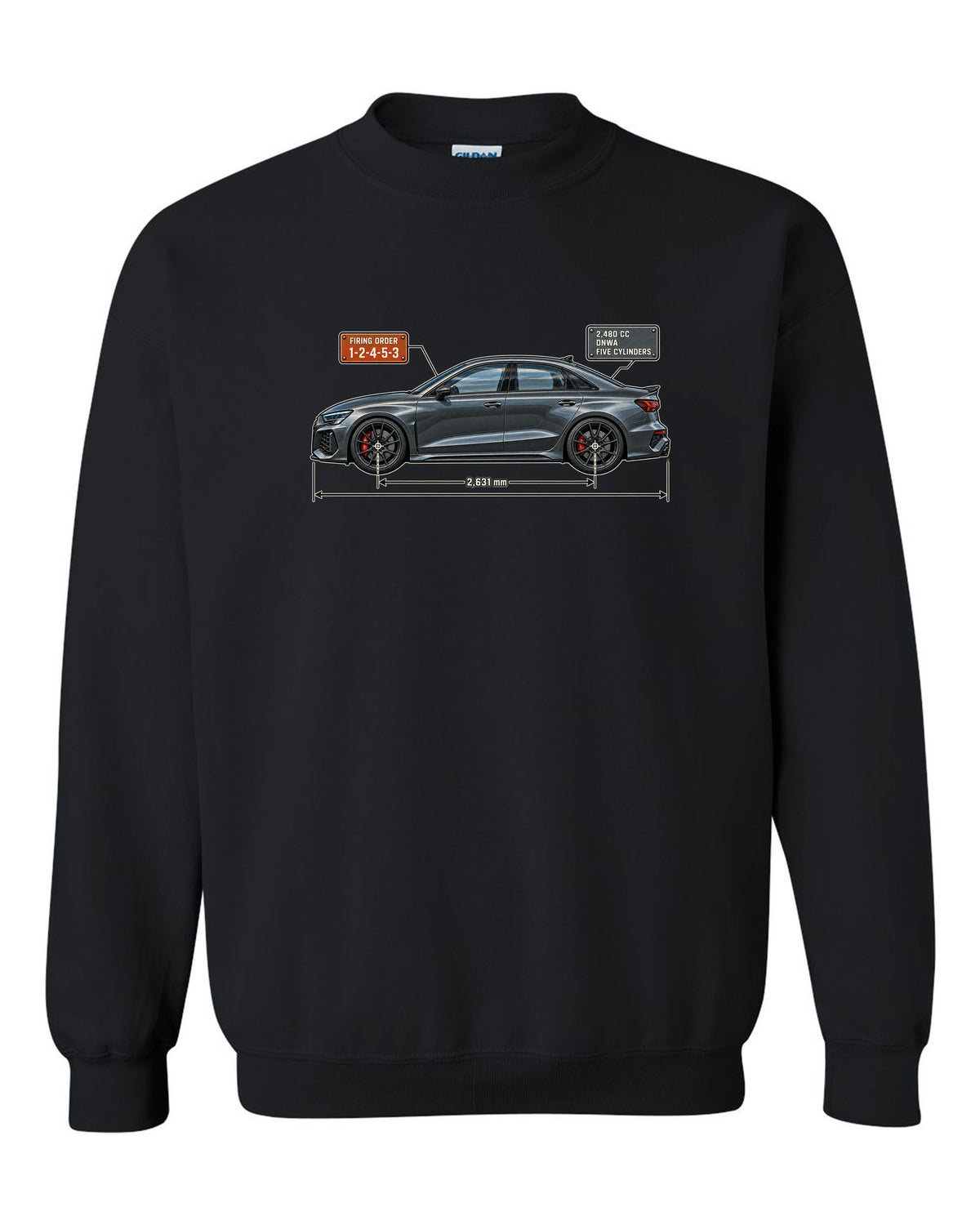 Blueprint of the Audi RS3 8Y sedan with 1-2-4-5-3 firing order black crewneck front view with the design