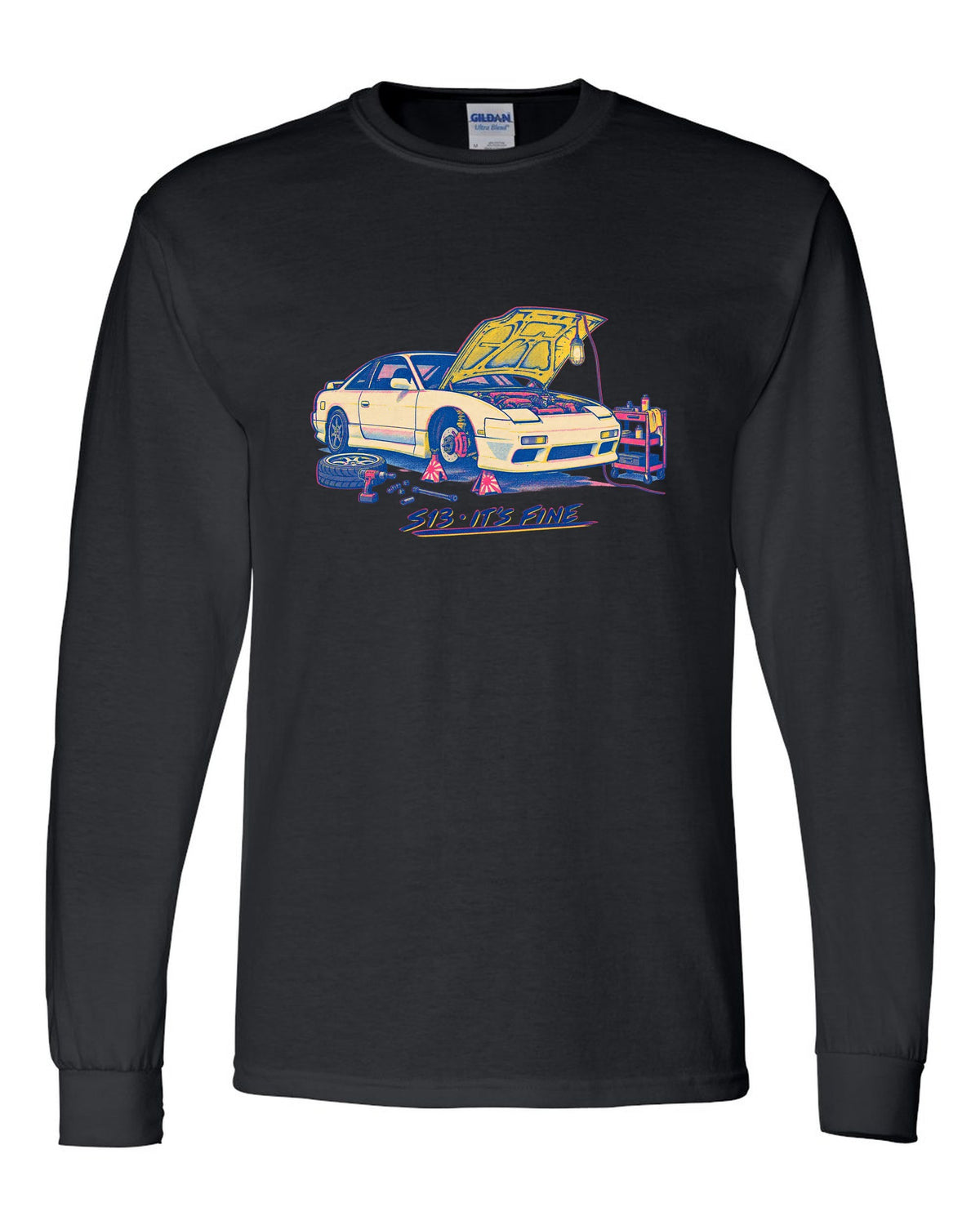 Risograph workshop print of a Nissan S13 with S13 it's fine lettering black long sleeve front view with the design