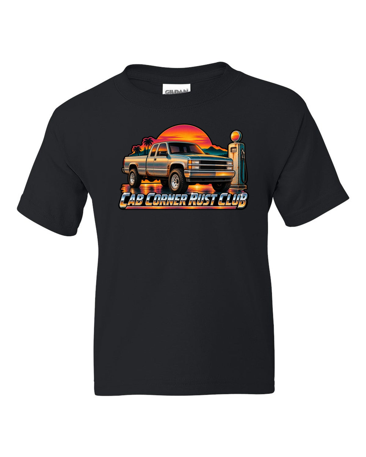 70s airbrush sunset gas pump print of a 1988-1998 Chevrolet OBS Silverado with Cab Corner Rust Club text black kids tee front view with the design