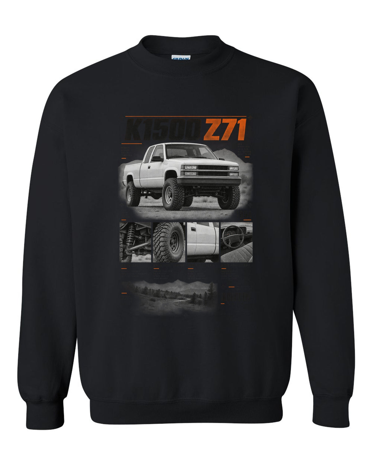 GMT400 K1500 Z71 OBS dossier panel print black crewneck front view with the design