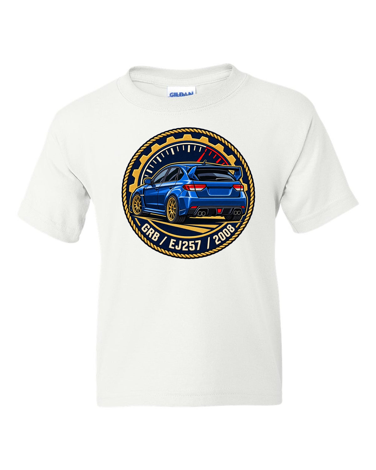 Subaru Impreza WRX STI GRB chback varsity crest print, GRB / EJ257 / 2008 white kids tee front view with the design