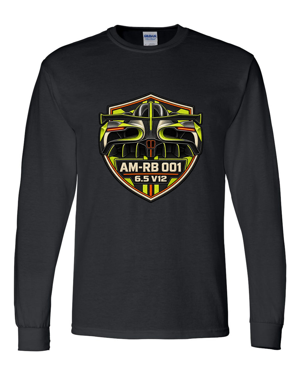 Varsity embroidery-style tunnel print of the 2021 Aston Martin Valkyrie with AM-RB 001 and 6.5 V12 lettering black long sleeve front view with the design