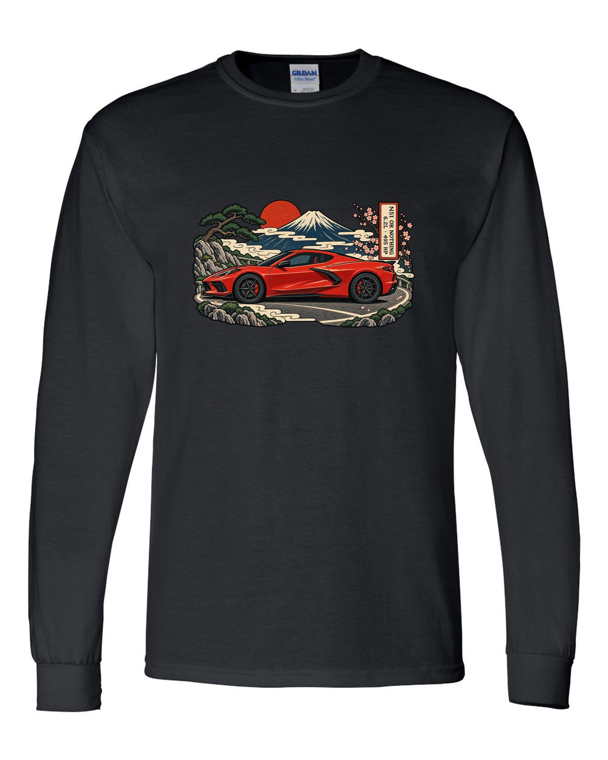Synthwave sunset grid design with a 2020 C8 Corvette Stingray seen from the rear three-quarter black long sleeve front view with the design