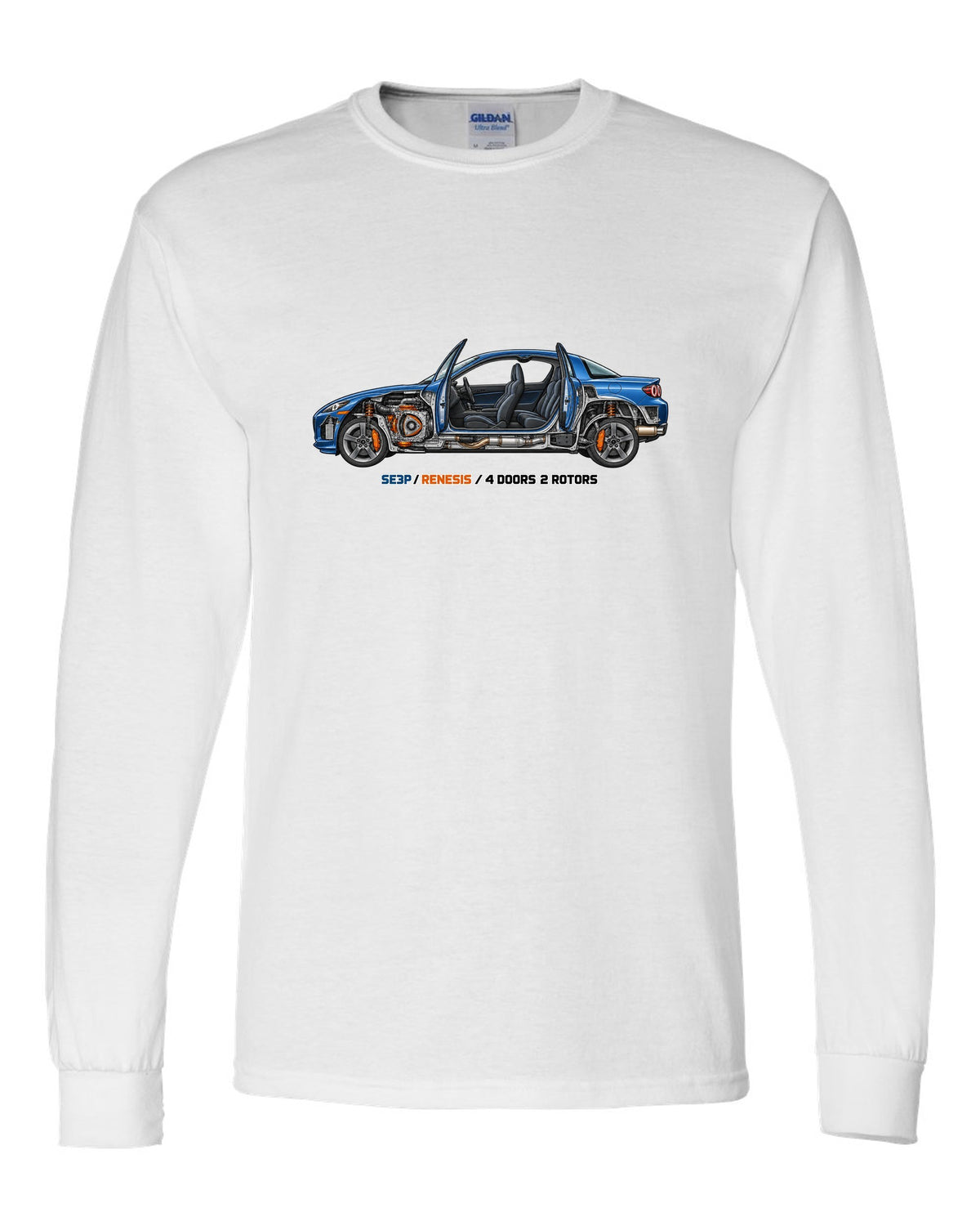 Technical cutaway illustration of the Mazda RX-8 SE3P with RENESIS and 4 DOORS 2 ROTORS lettering white long sleeve front view with the design