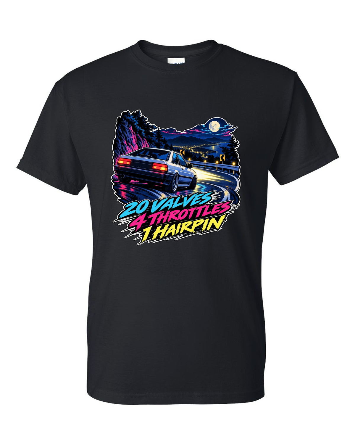 Cel-shaded 90s anime night touge scene of a Toyota Corolla AE101 with valves and throttles lettering black t-shirt front view with the design