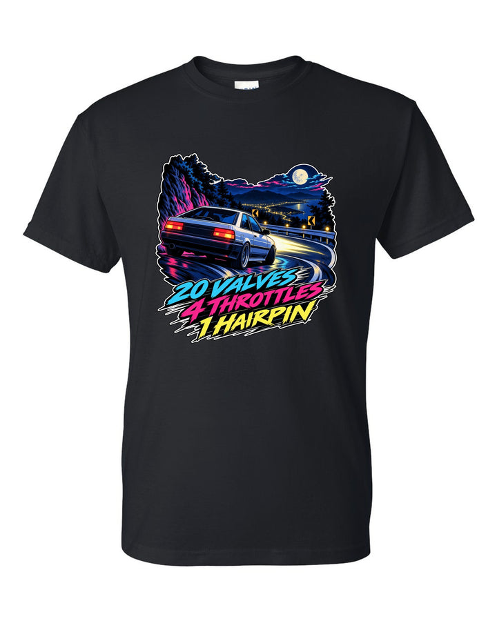 Cel-shaded 90s anime night touge scene of a Toyota Corolla AE101 with valves and throttles lettering black t-shirt front view with the design