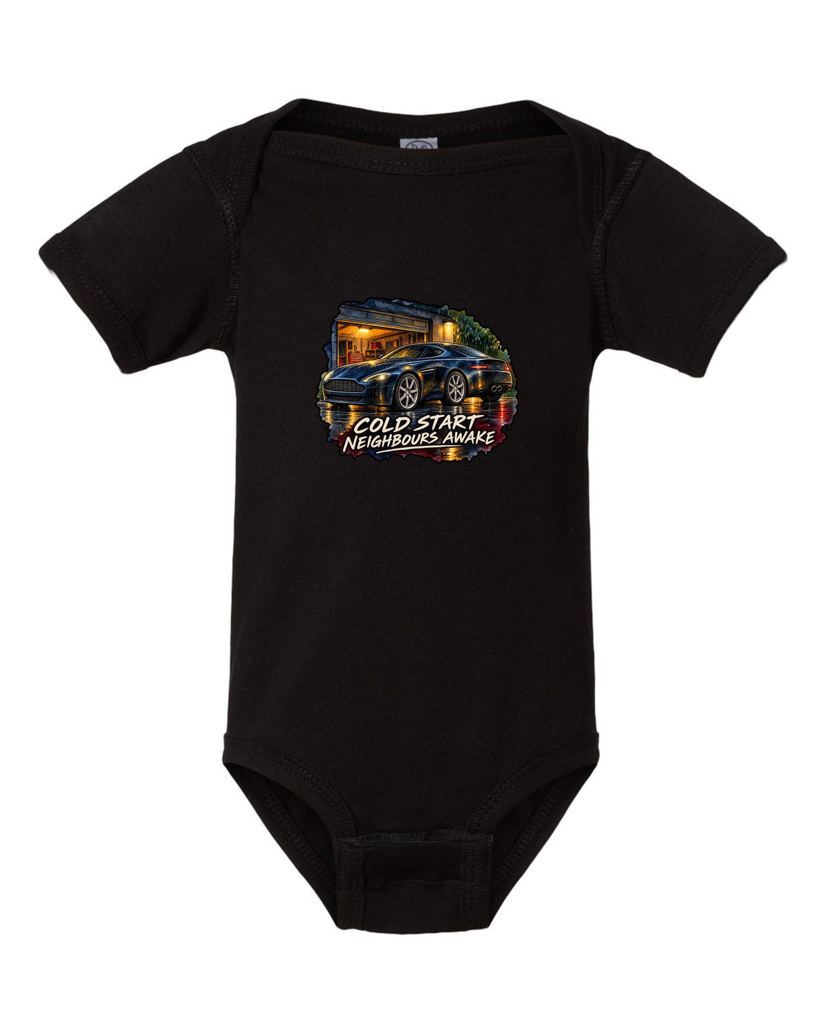 Aston Martin V8 Vantage watercolour wet-road night with COLD START NEIGHBOURS AWAKE black baby onesie front view with the design