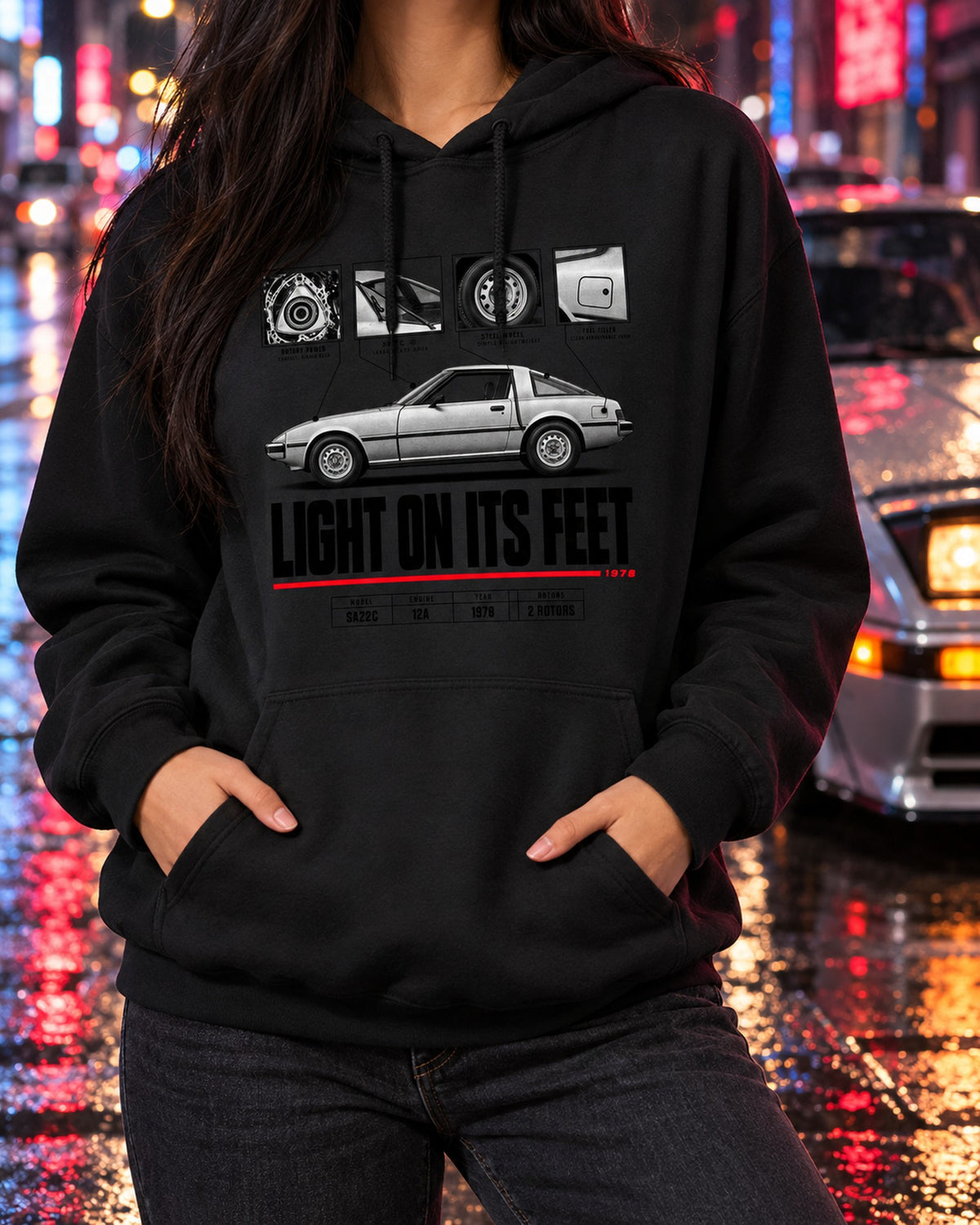 Mazda RX-7 SA22C Savanna Spec Poster Tee, Two Rotor Shirt Pull Over Hoodie Black worn hero