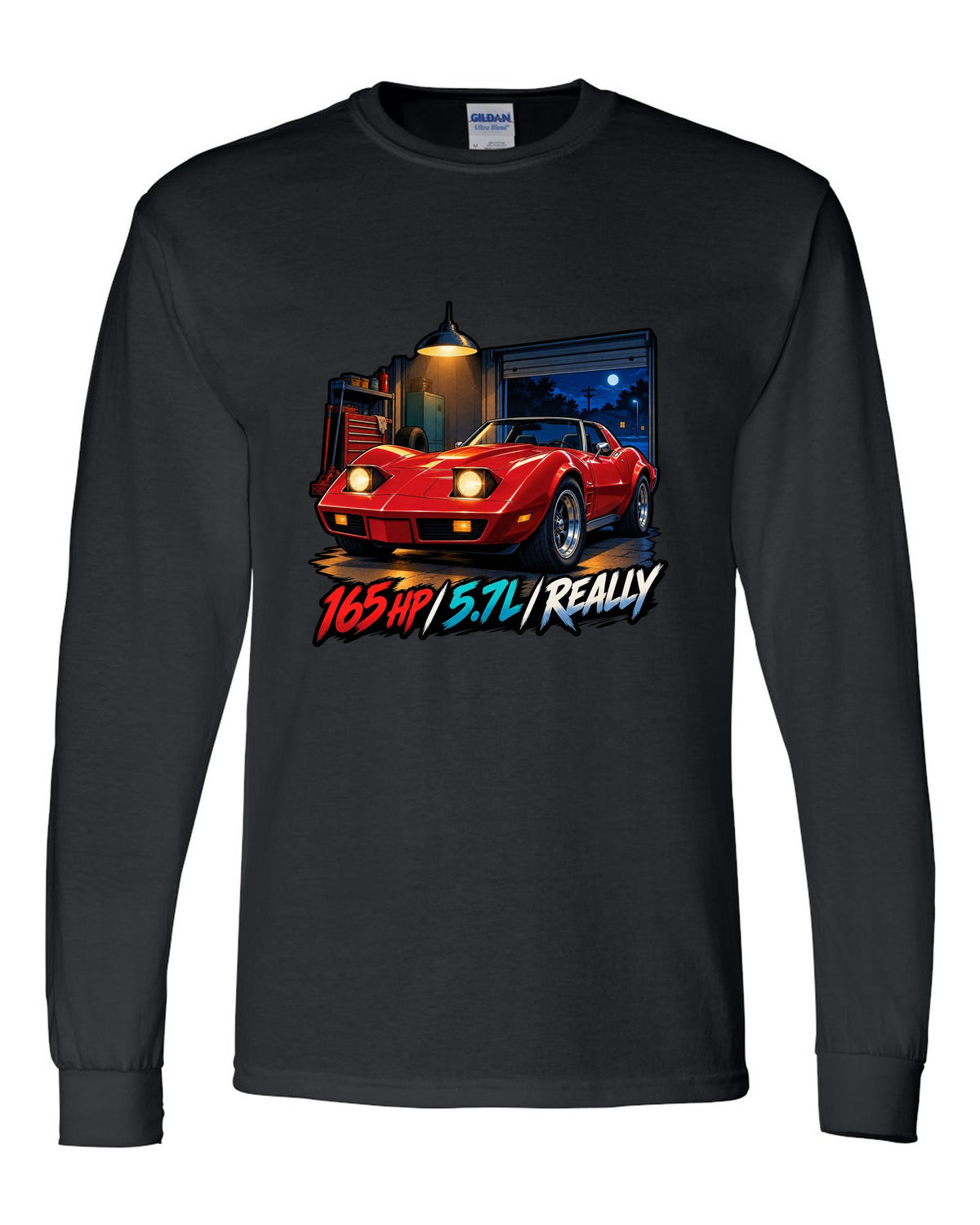 Cel-shaded anime night touge print of a 1975 Chevrolet Corvette C3 Stingray with 165 HP 5.7L lettering black long sleeve front view with the design