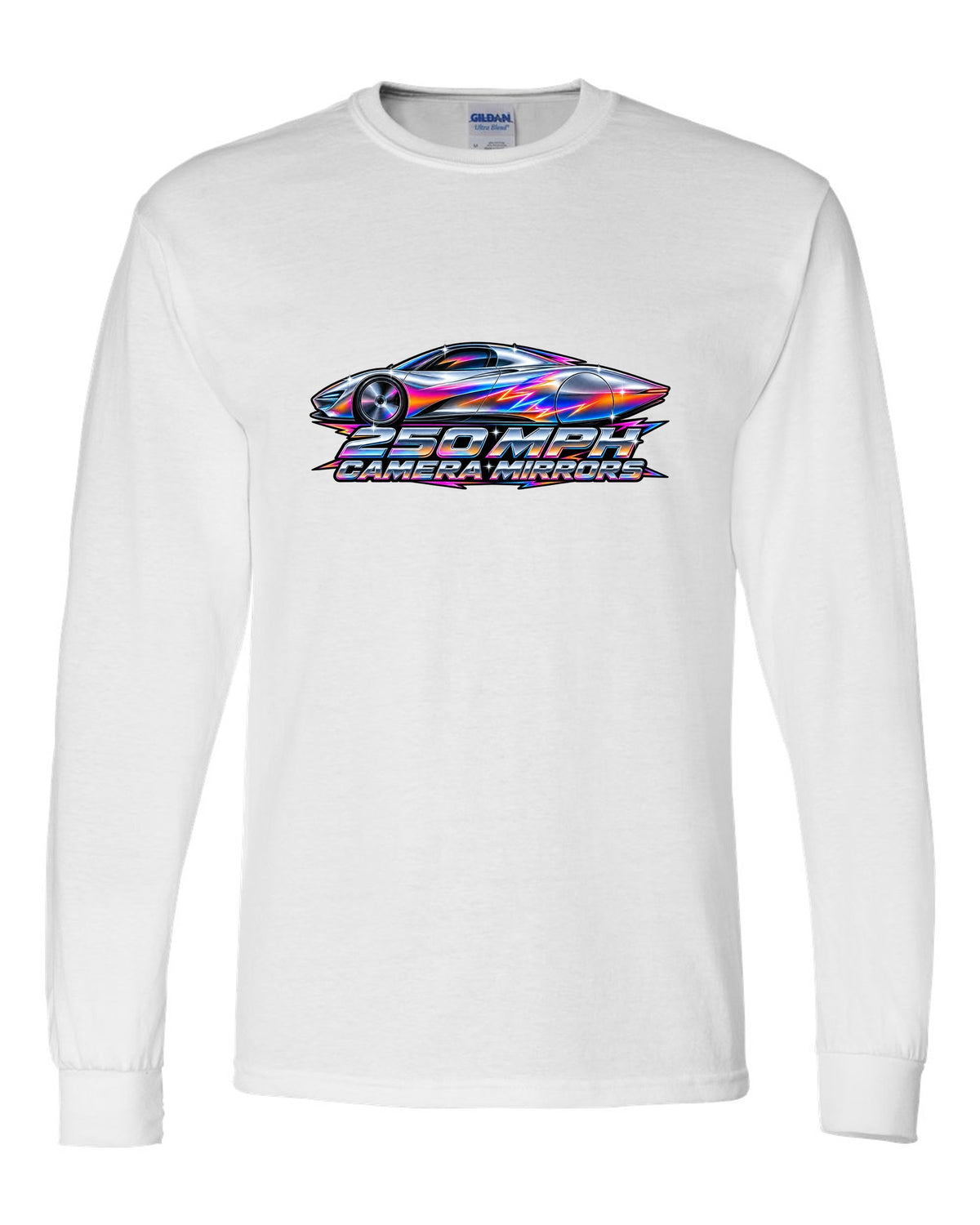 McLaren Speedtail in 80s airbrush chrome style with 250 MPH and camera mirrors lettering white long sleeve front view with the design