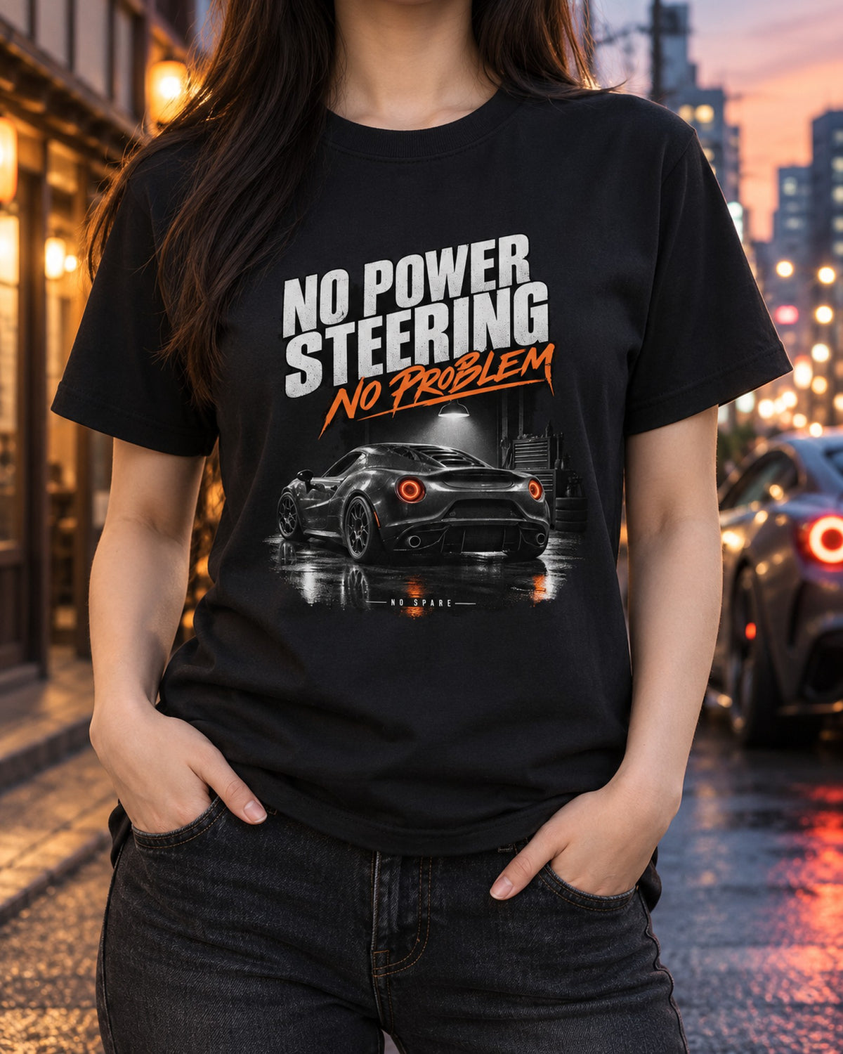 Alfa Romeo 4C Garage Night Tee, No Power Steering No Spare T-Shirt Black worn hero
