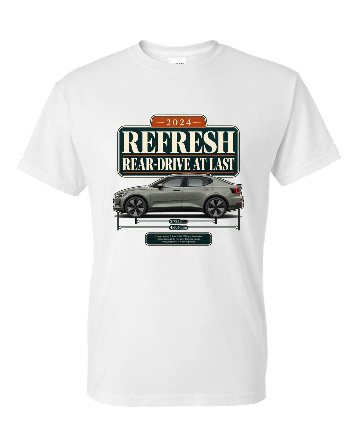 Polestar 2 2024 refresh editorial headline print on a shirt white t-shirt front view with the design