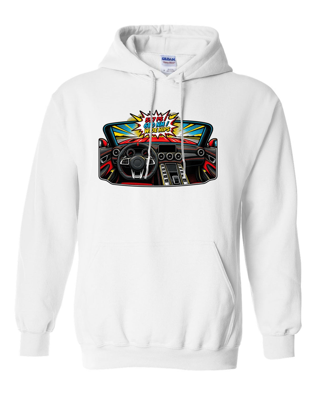 Isometric topographic route map of the Nordschleife with Flugplatz and Schwedenkreuz text for a Mercedes AMG GT C190 white pull over hoodie front view with the design