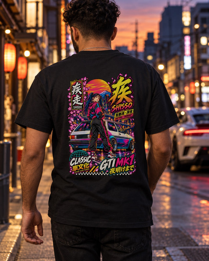 SHISSO GTI MK1 Anime Girl Full-Back Graphic Tee T-Shirt Black worn hero