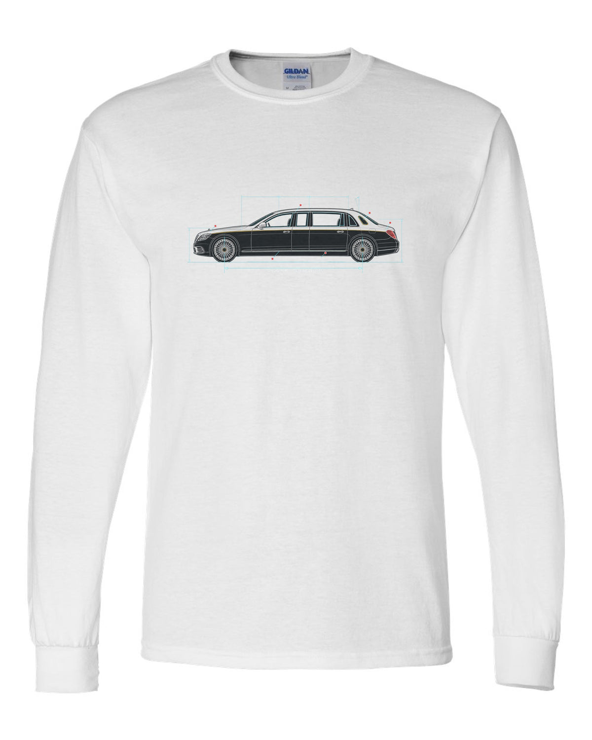 Maybach 62 S W240 Limousine Side Blueprint Tee white long sleeve front view with the design
