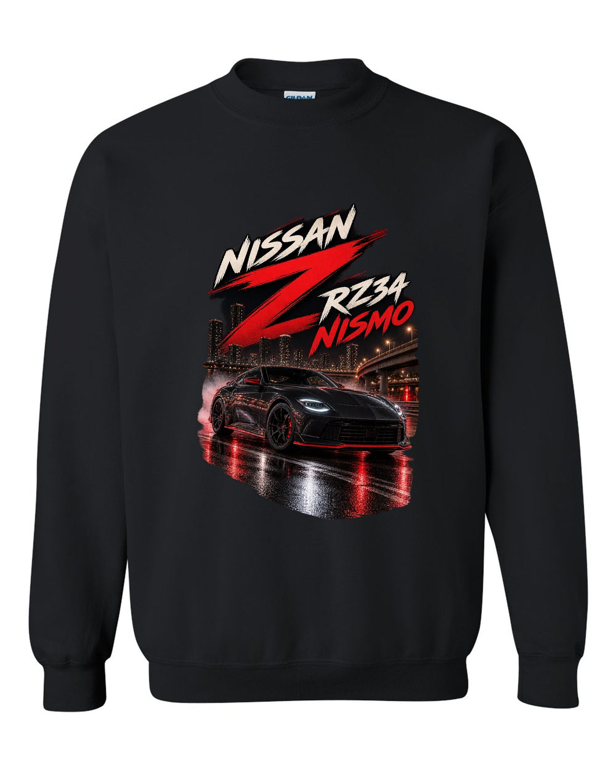 Nissan RZ34 Z spec poster with 2022 debut, VR30DDTT and 400 hp text black crewneck front view with the design