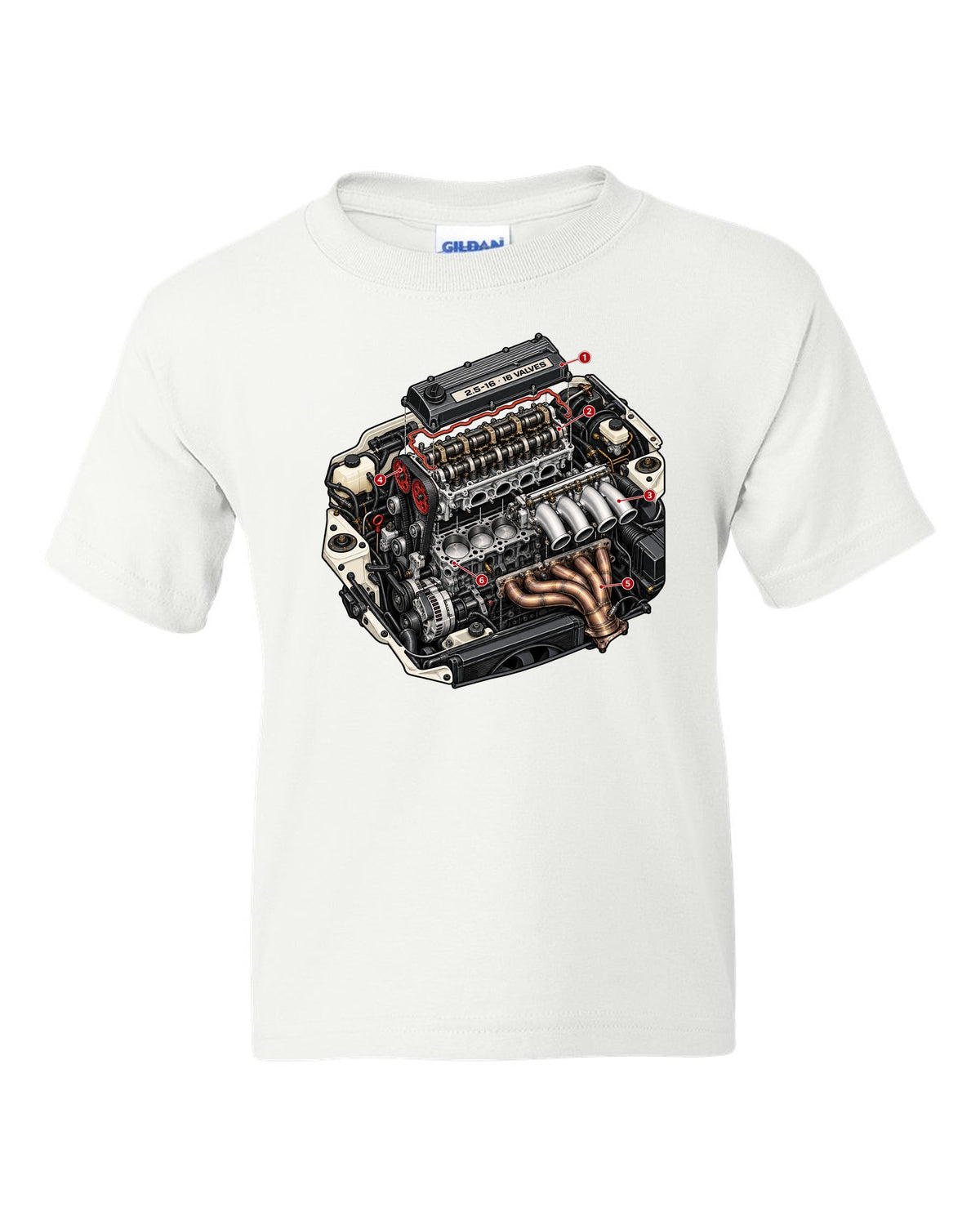 Exploded cutaway engine illustration for a Mercedes 190E 2.5-16 Evo II W201 white kids tee front view with the design