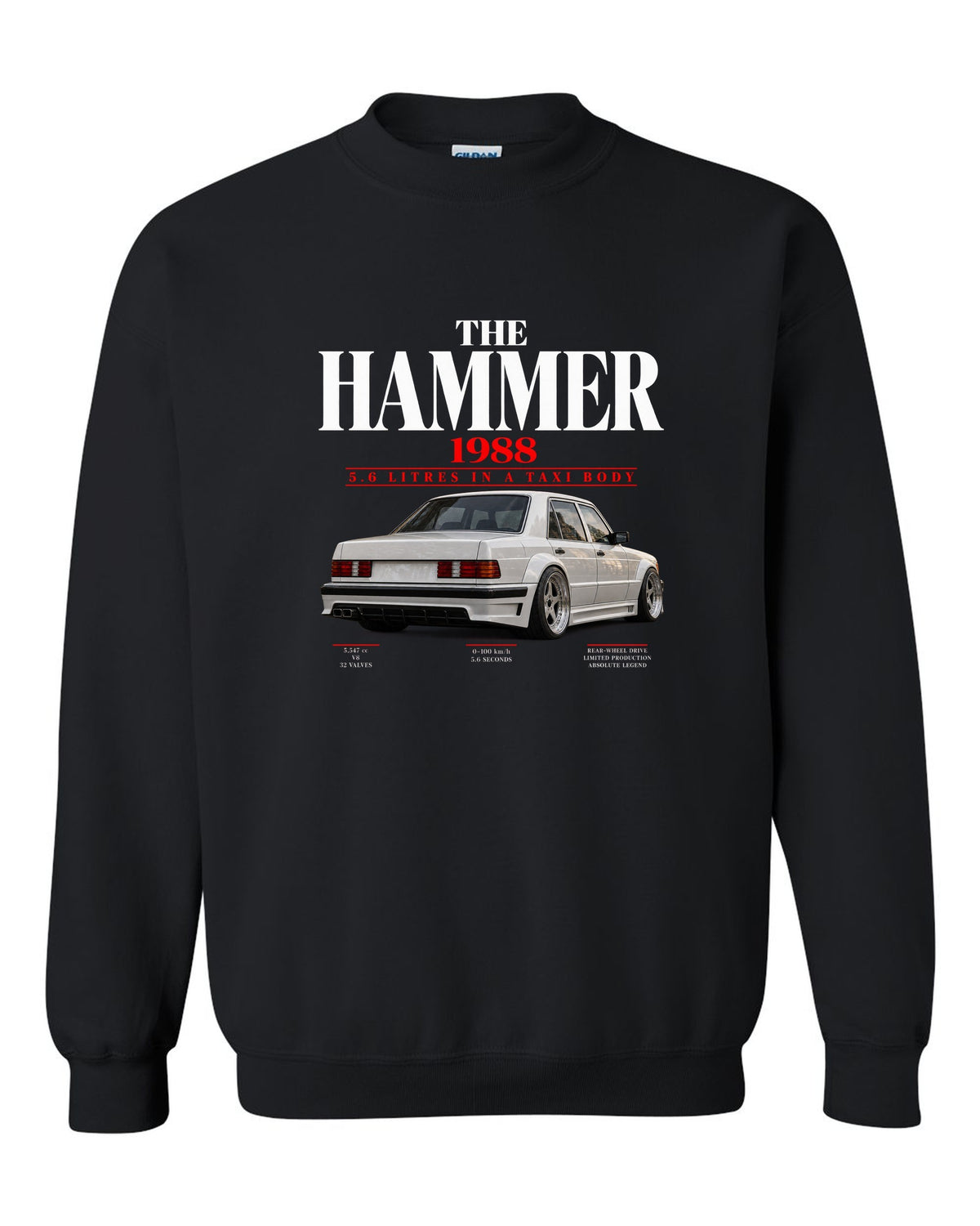 Mercedes 300E 5.6 AMG Hammer W124 editorial print with 1988 headline black crewneck front view with the design