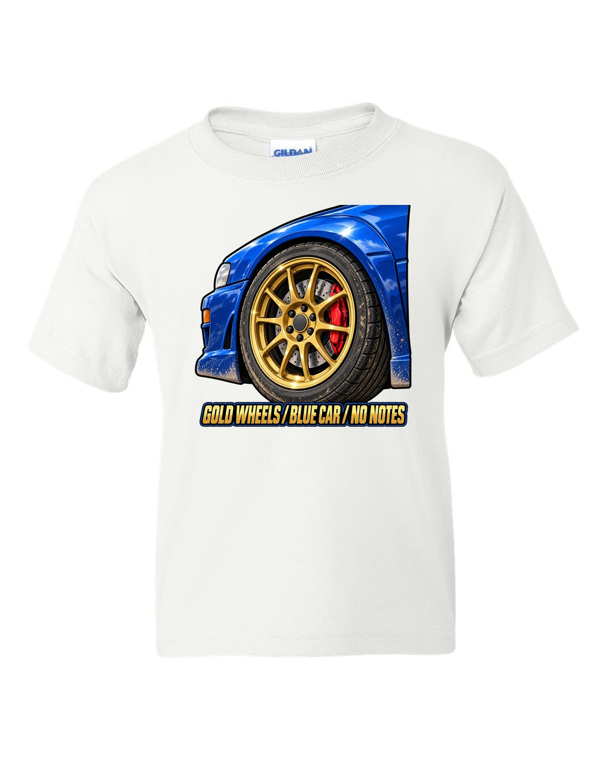 Subaru Impreza WRX GC8 painterly gold wheel close-up on a blue car, GOLD WHEELS / BLUE CAR / NO NOTES white kids tee front view with the design