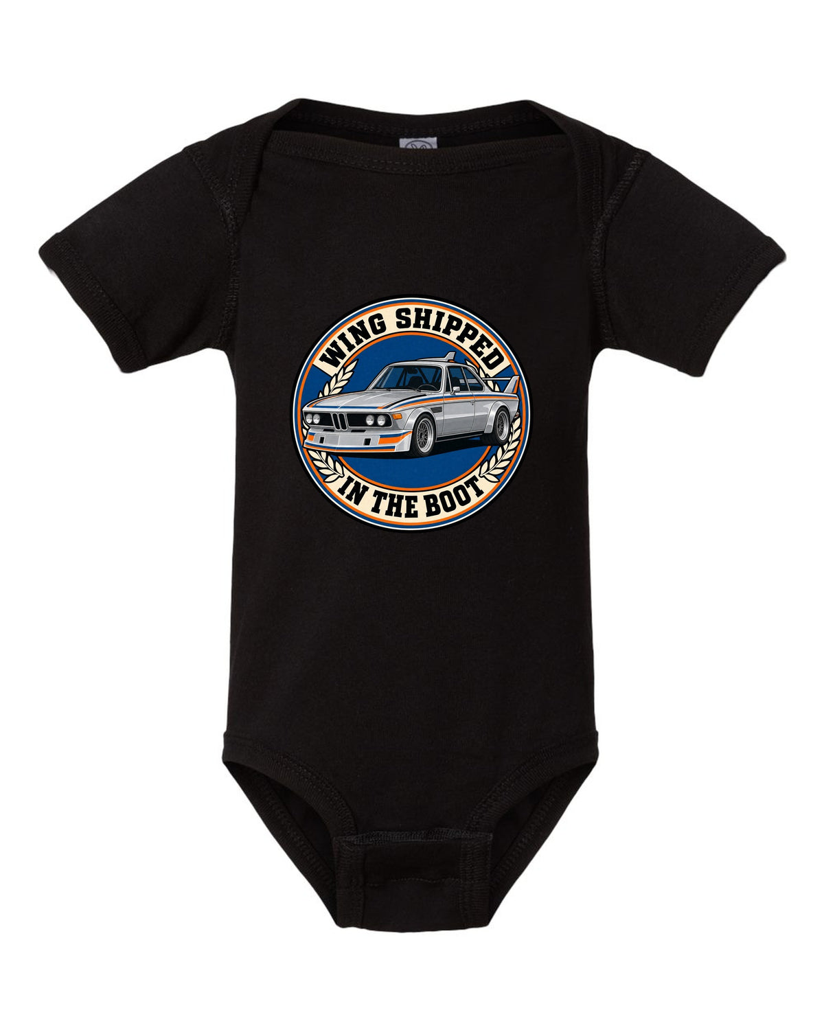 Embroidery-style varsity crest print of a BMW 3.0 CSL E9 with wing in the boot text black baby onesie front view with the design