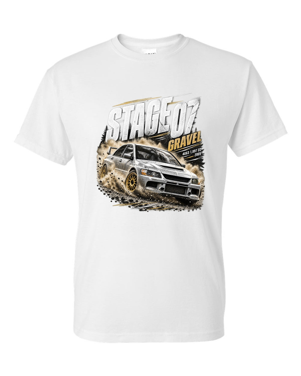Rally poster print of a Mitsubishi Lancer Evolution IX CT9A on gravel white t-shirt front view with the design