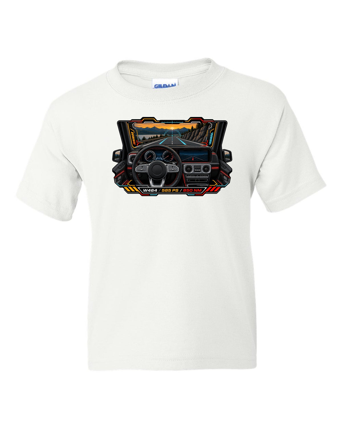 Gauge-cluster HUD graphic reading W464 585 PS 850 NM for the Mercedes G63, print white kids tee front view with the design